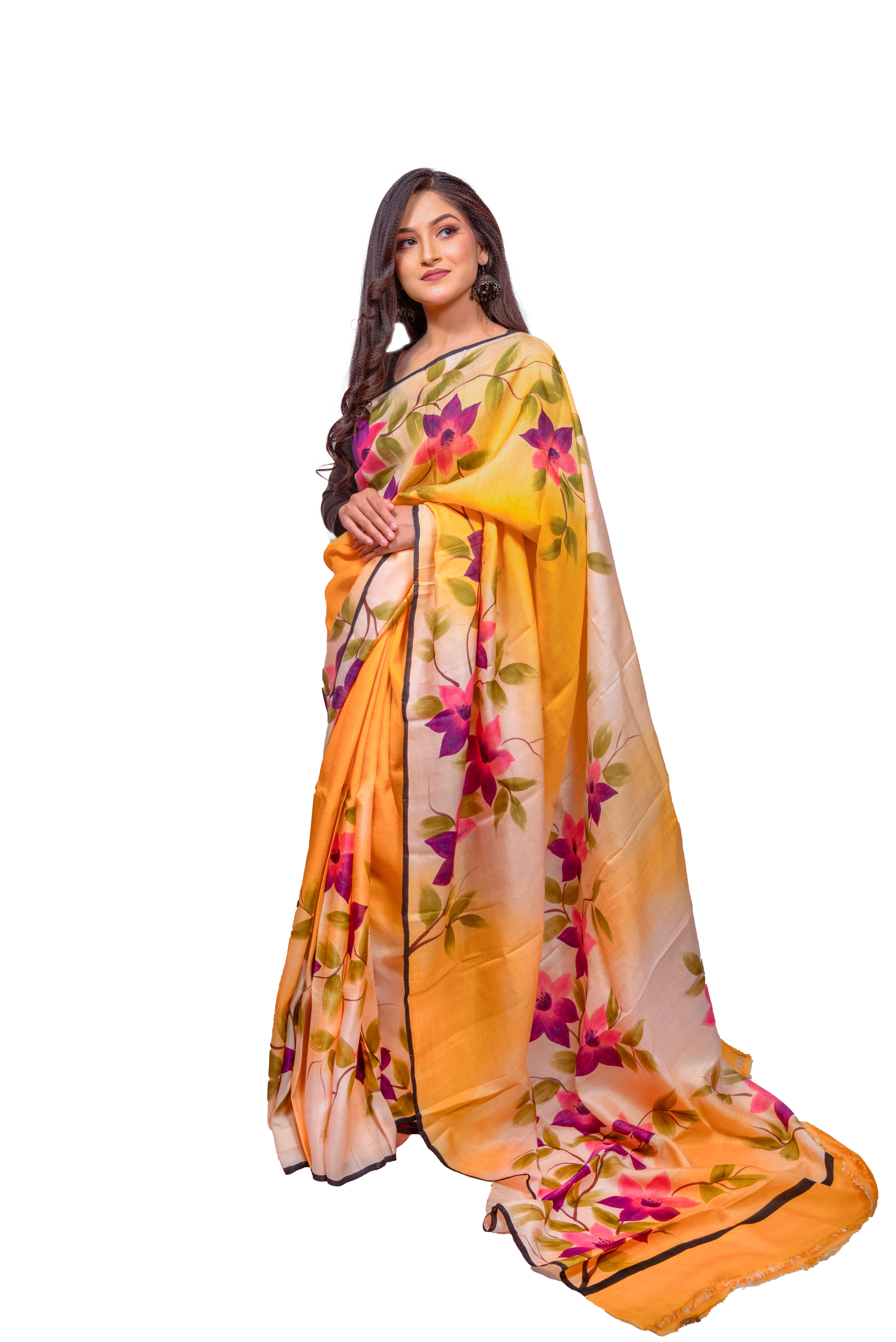 Warm Yellow base with Multicolour floral print Silk Saree