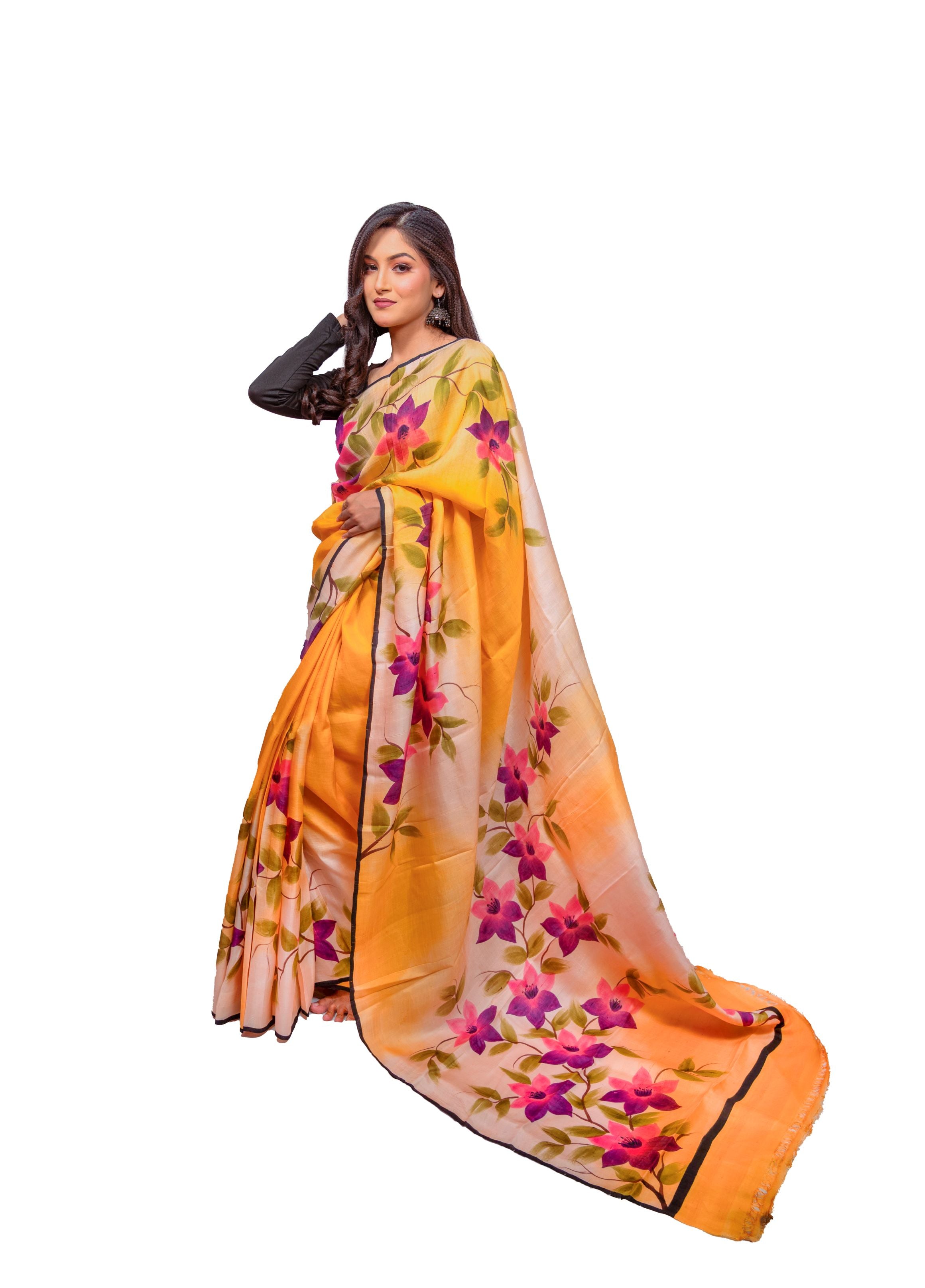 Warm Yellow base with Multicolour floral print Silk Saree