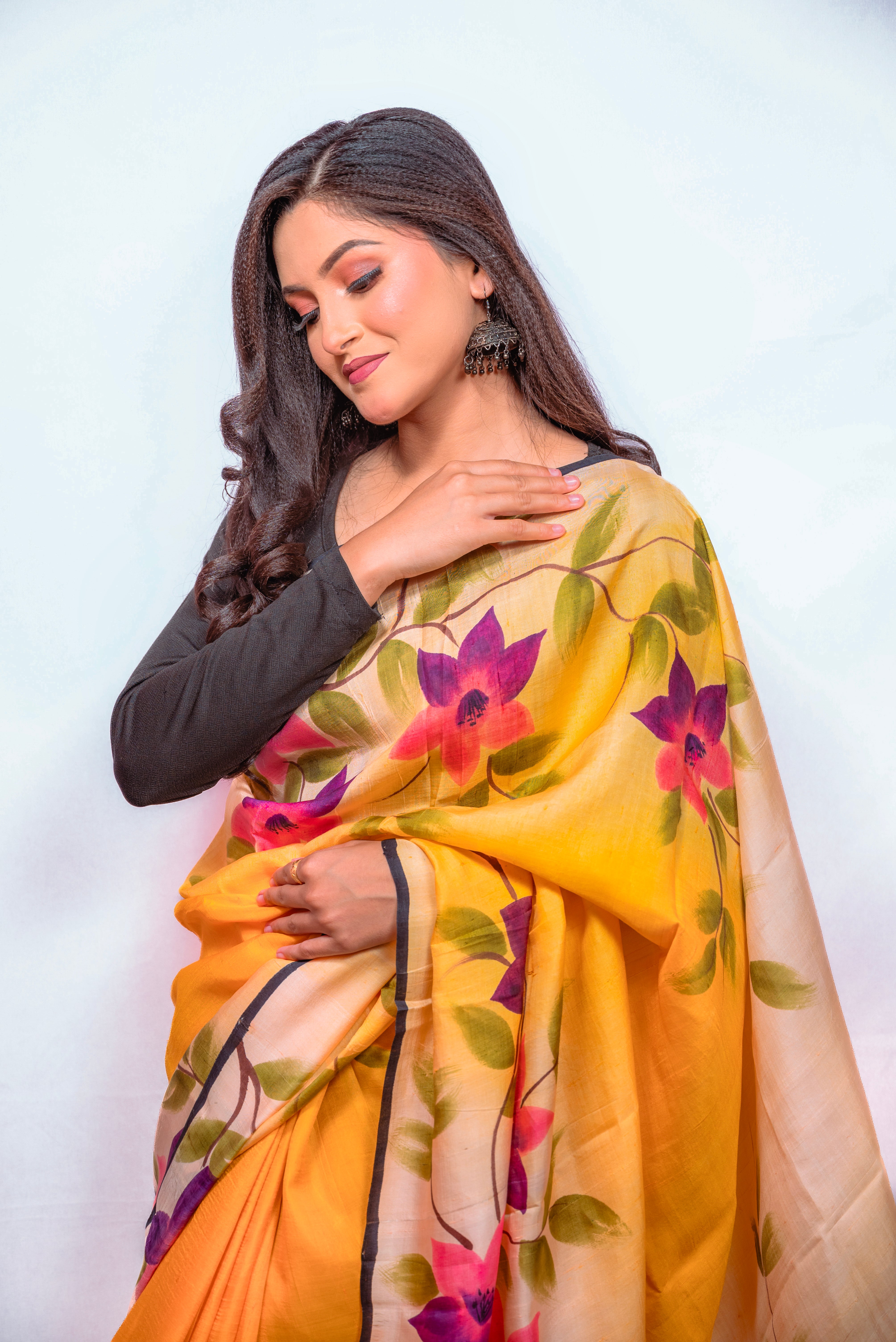 Warm Yellow base with Multicolour floral print Silk Saree