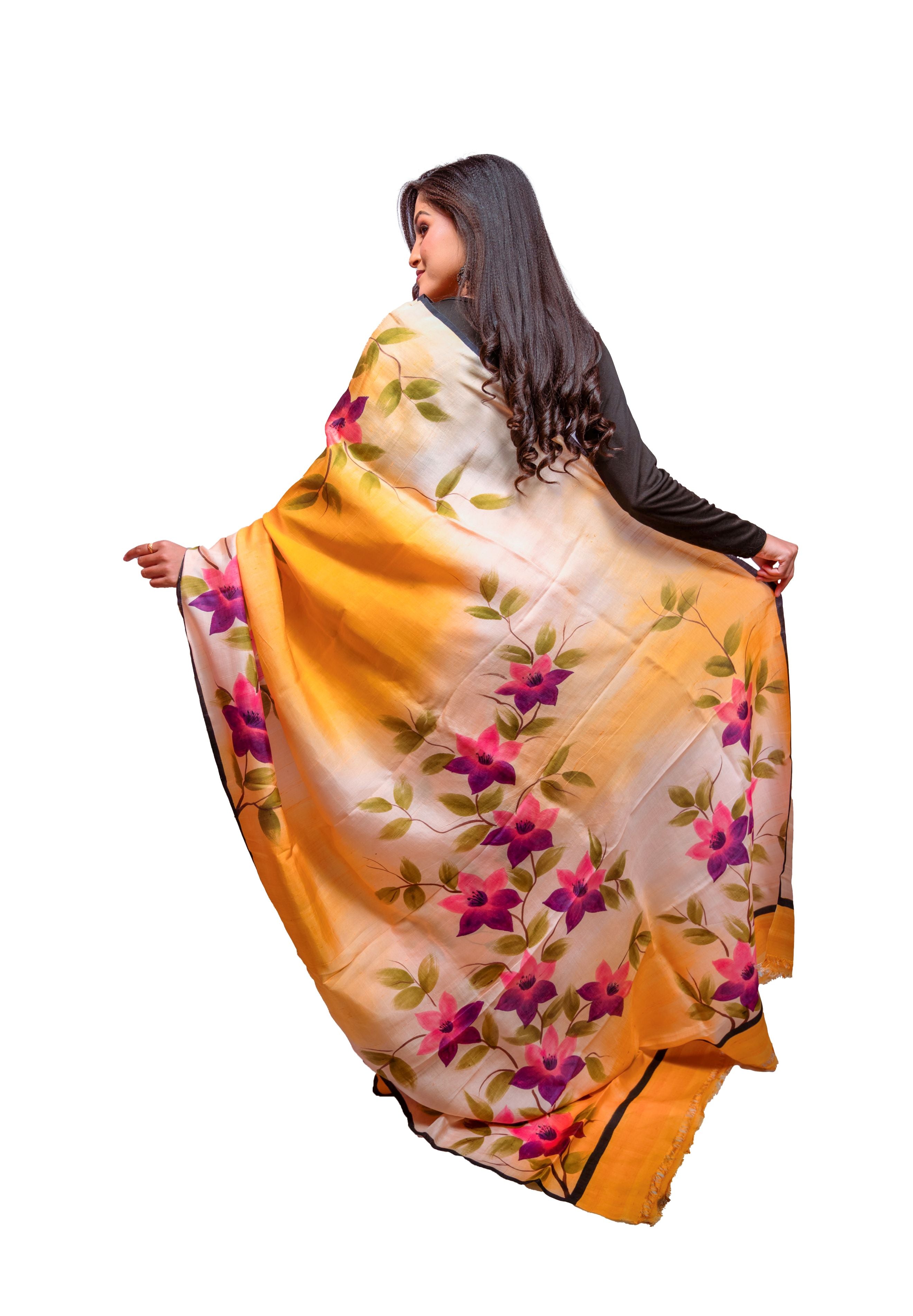 Warm Yellow base with Multicolour floral print Silk Saree