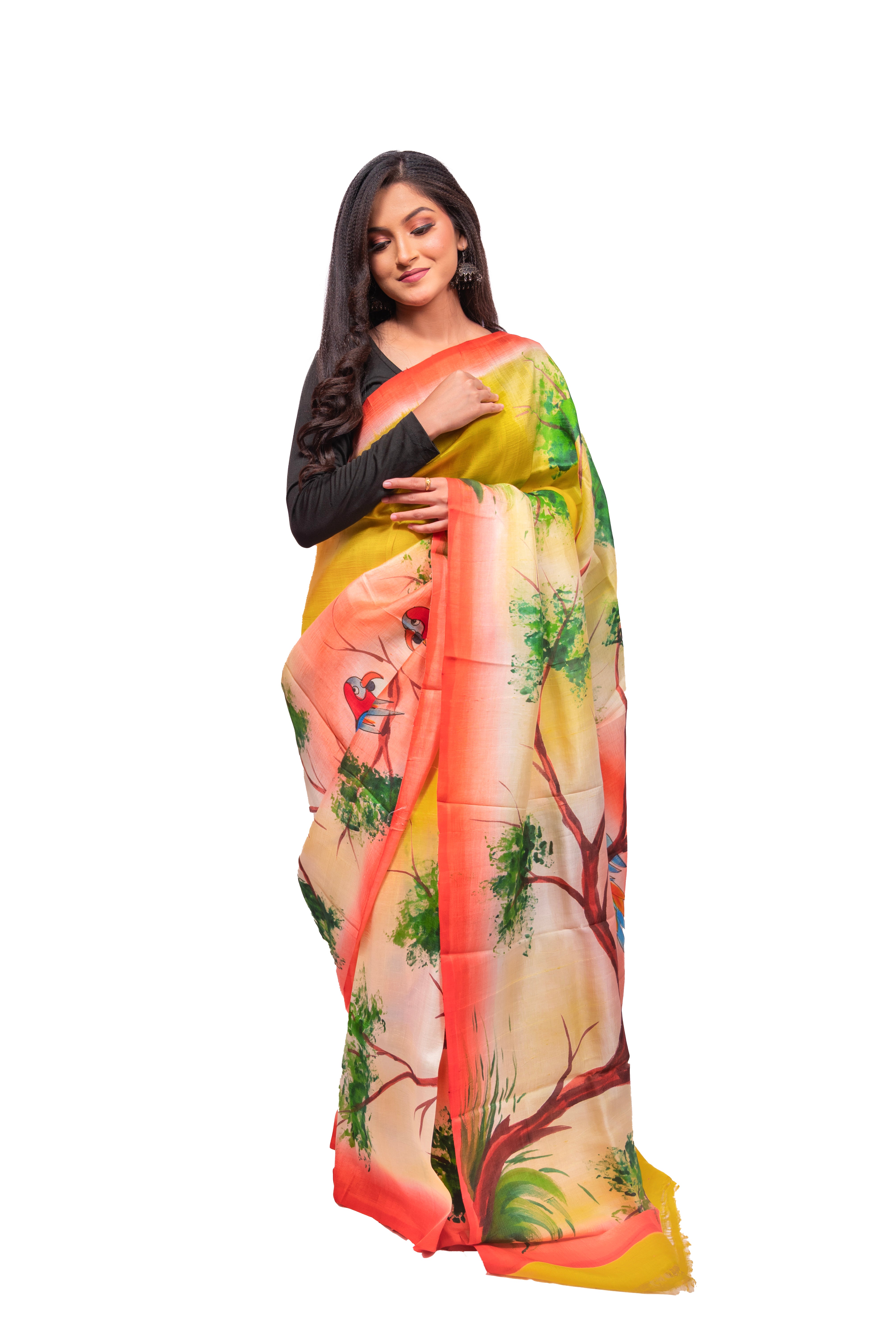 Yellow and Peach gradient with Multicolour hand printed motif Silk Saree