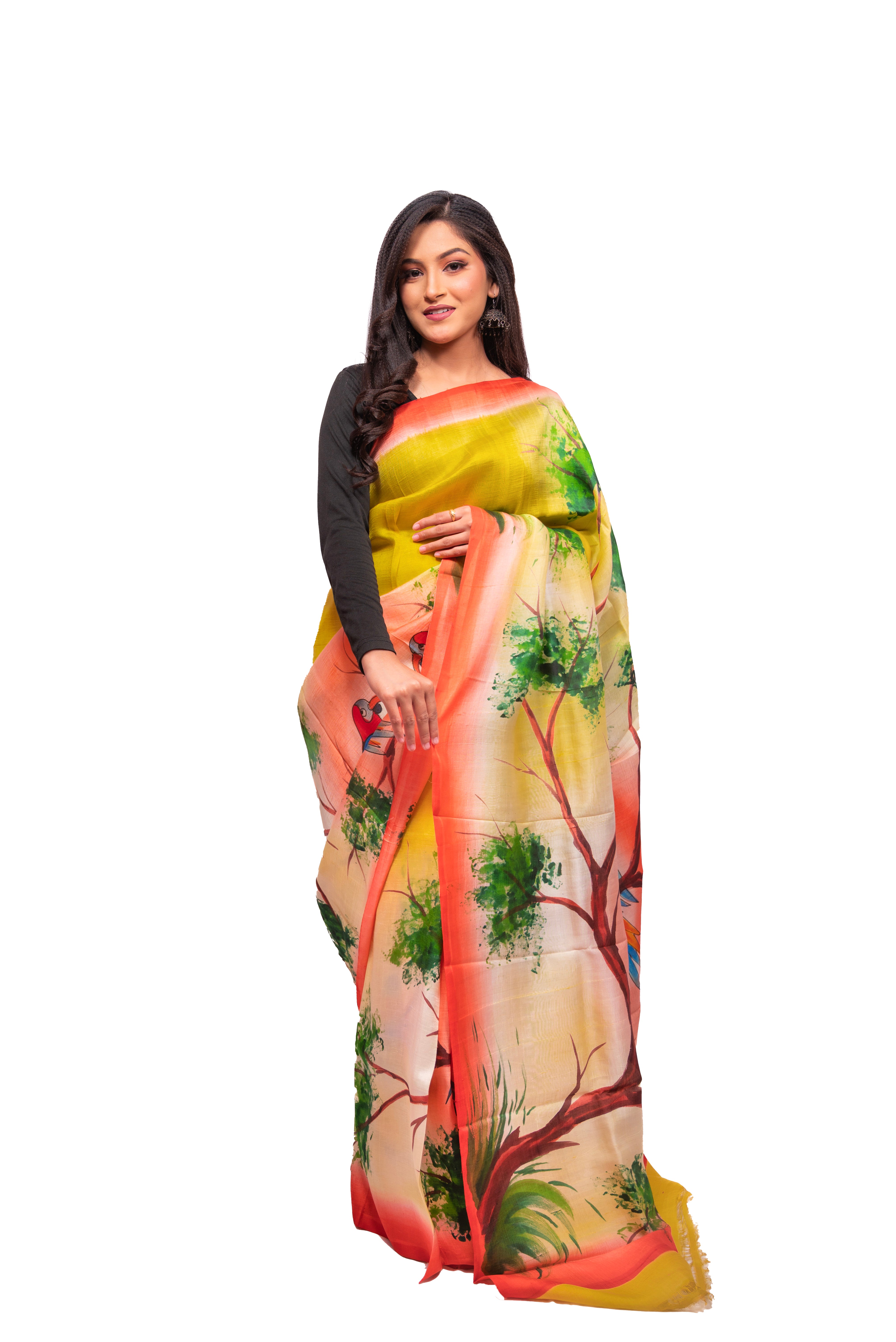 Yellow and Peach gradient with Multicolour hand printed motif Silk Saree
