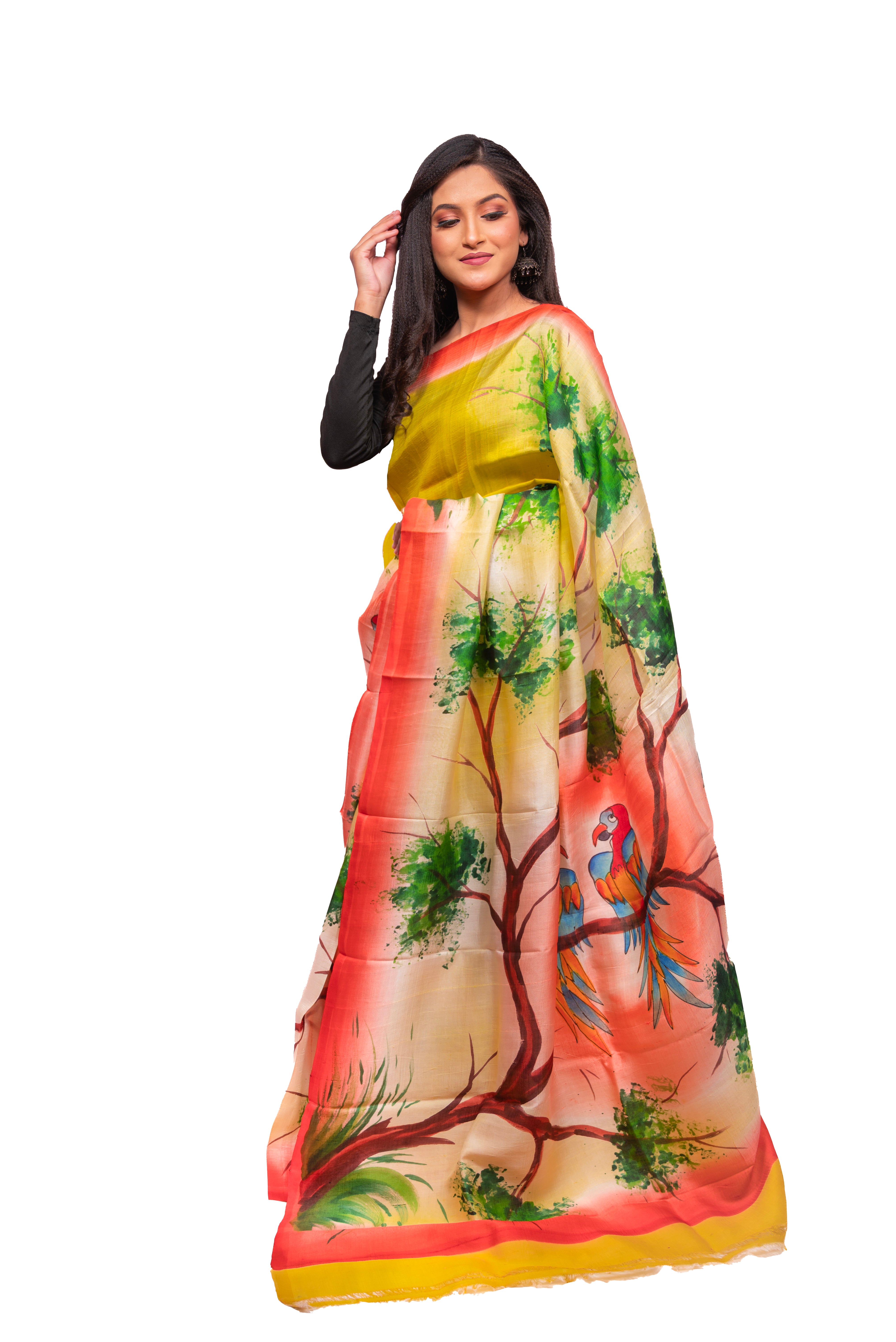Yellow and Peach gradient with Multicolour hand printed motif Silk Saree