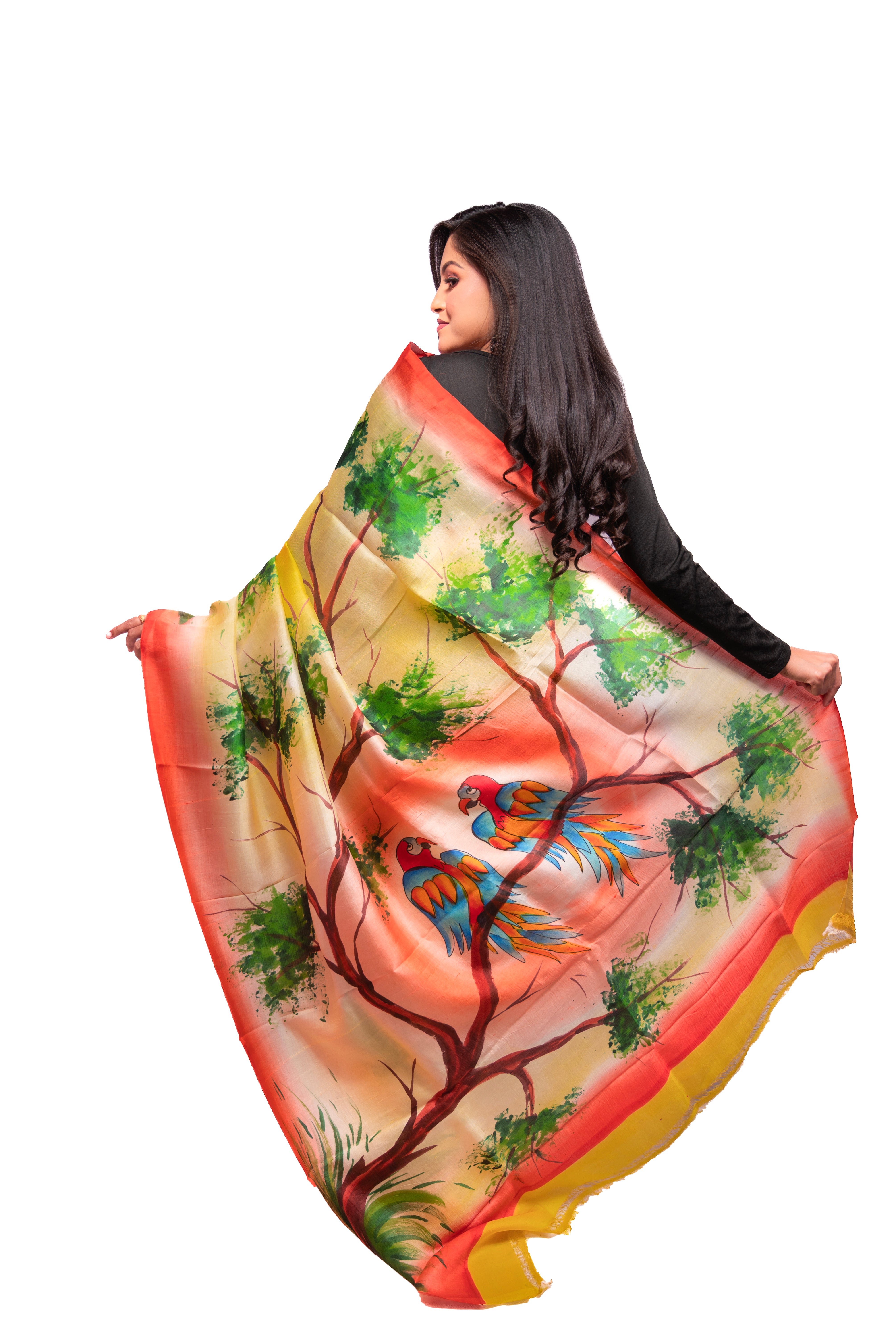 Yellow and Peach gradient with Multicolour hand printed motif Silk Saree