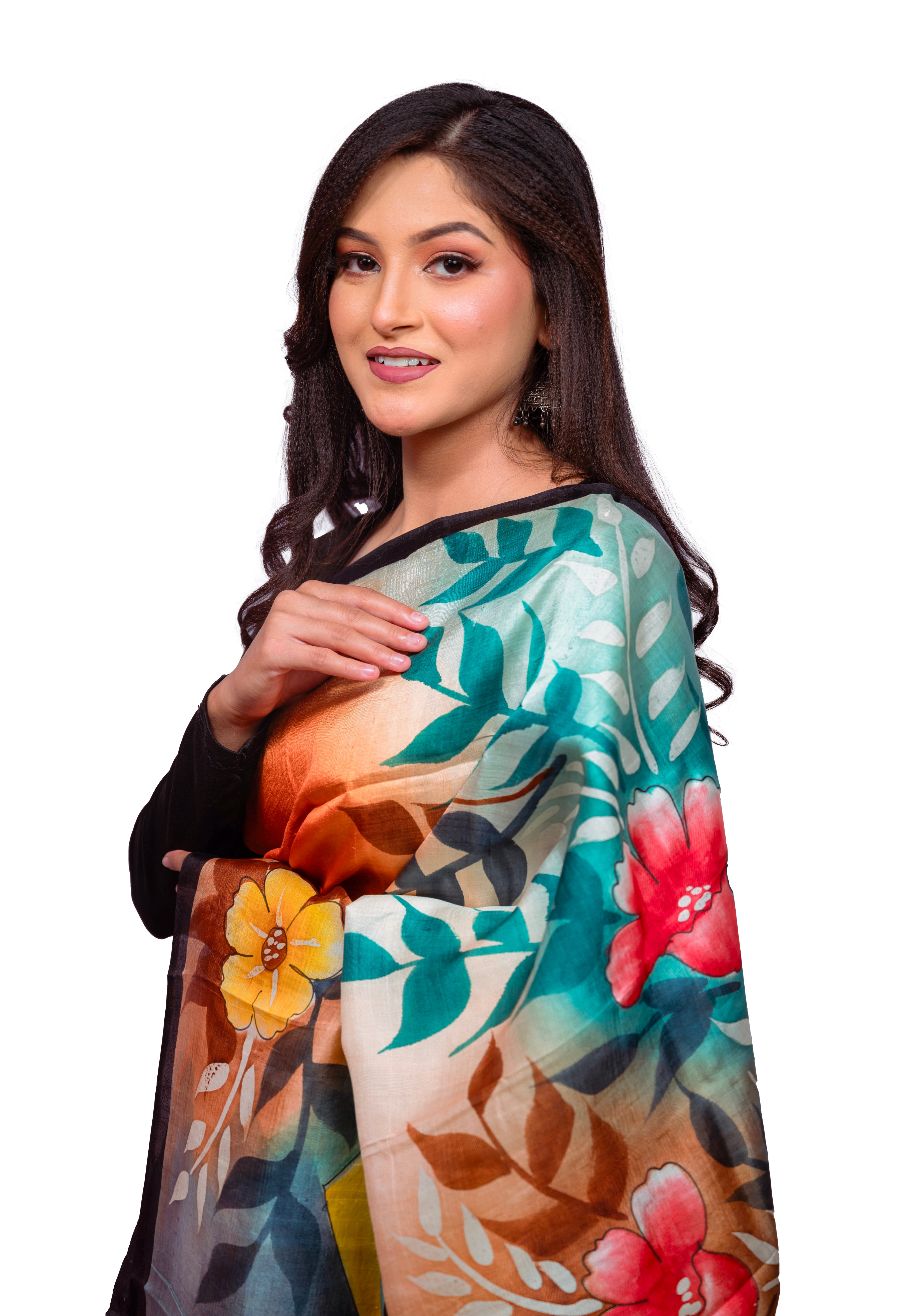 Gradient Orange, Beige, and Blue Base with multicolour floral Print