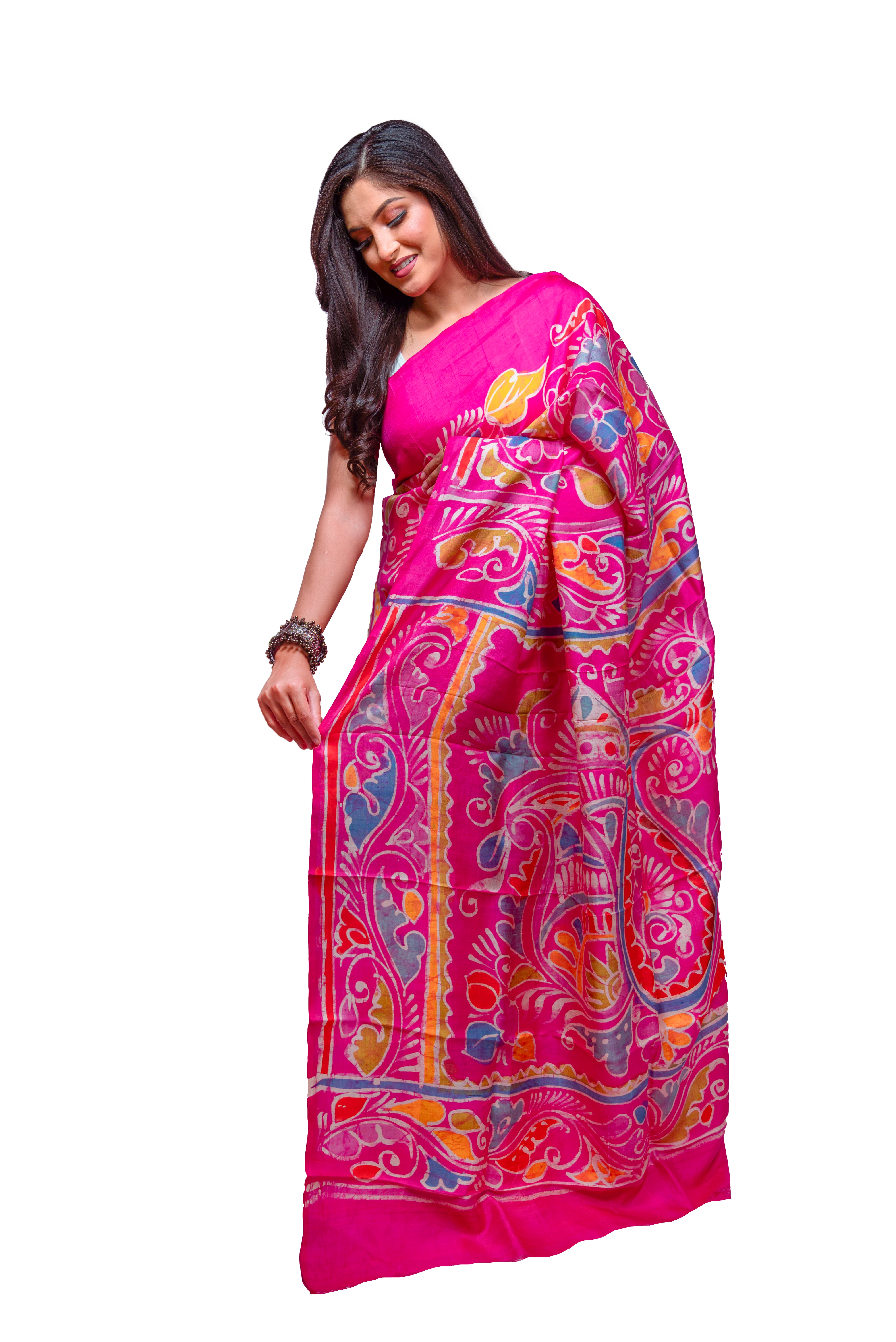 Vibrant pink base with multicolour design silk Saree