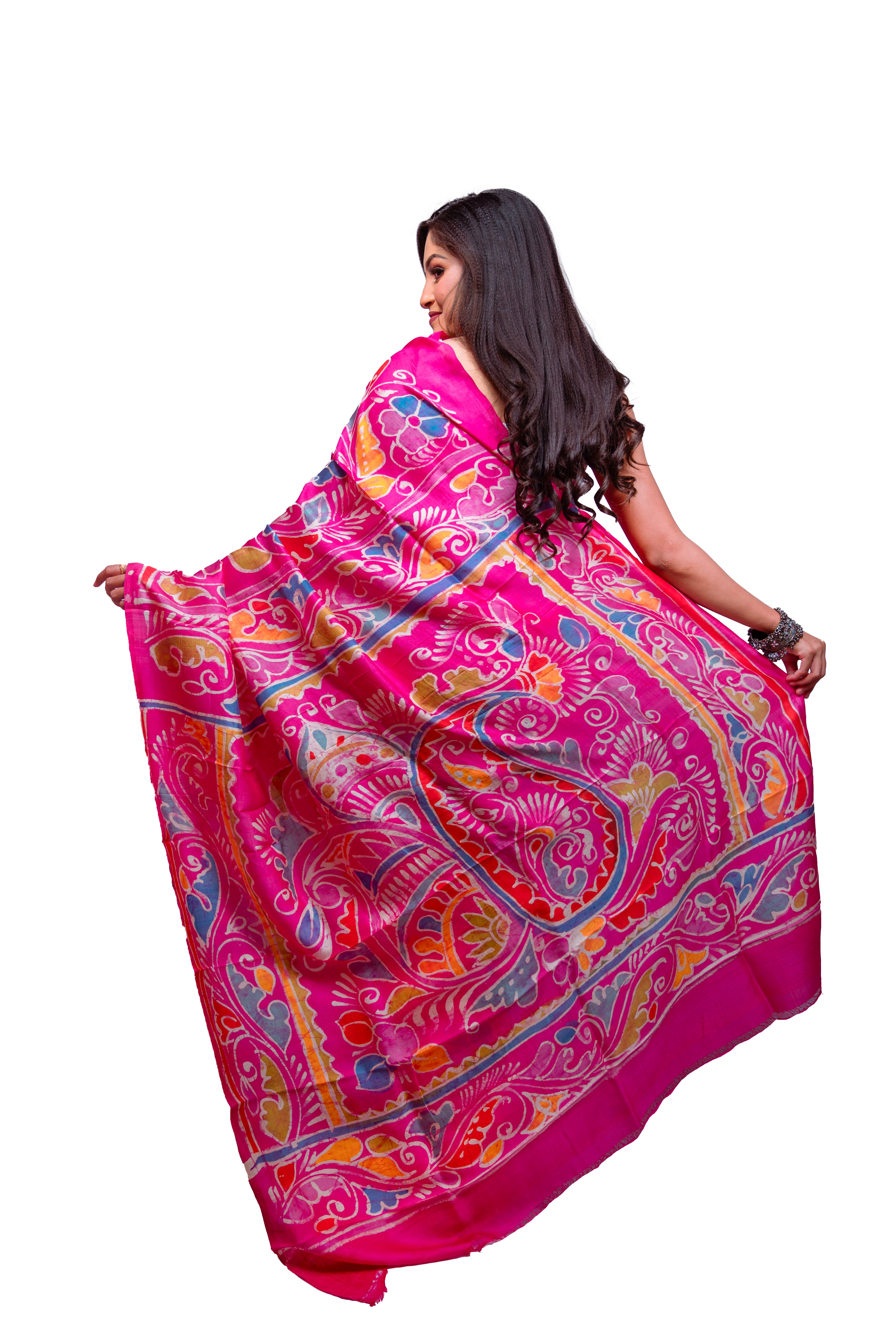 Vibrant pink base with multicolour design silk Saree