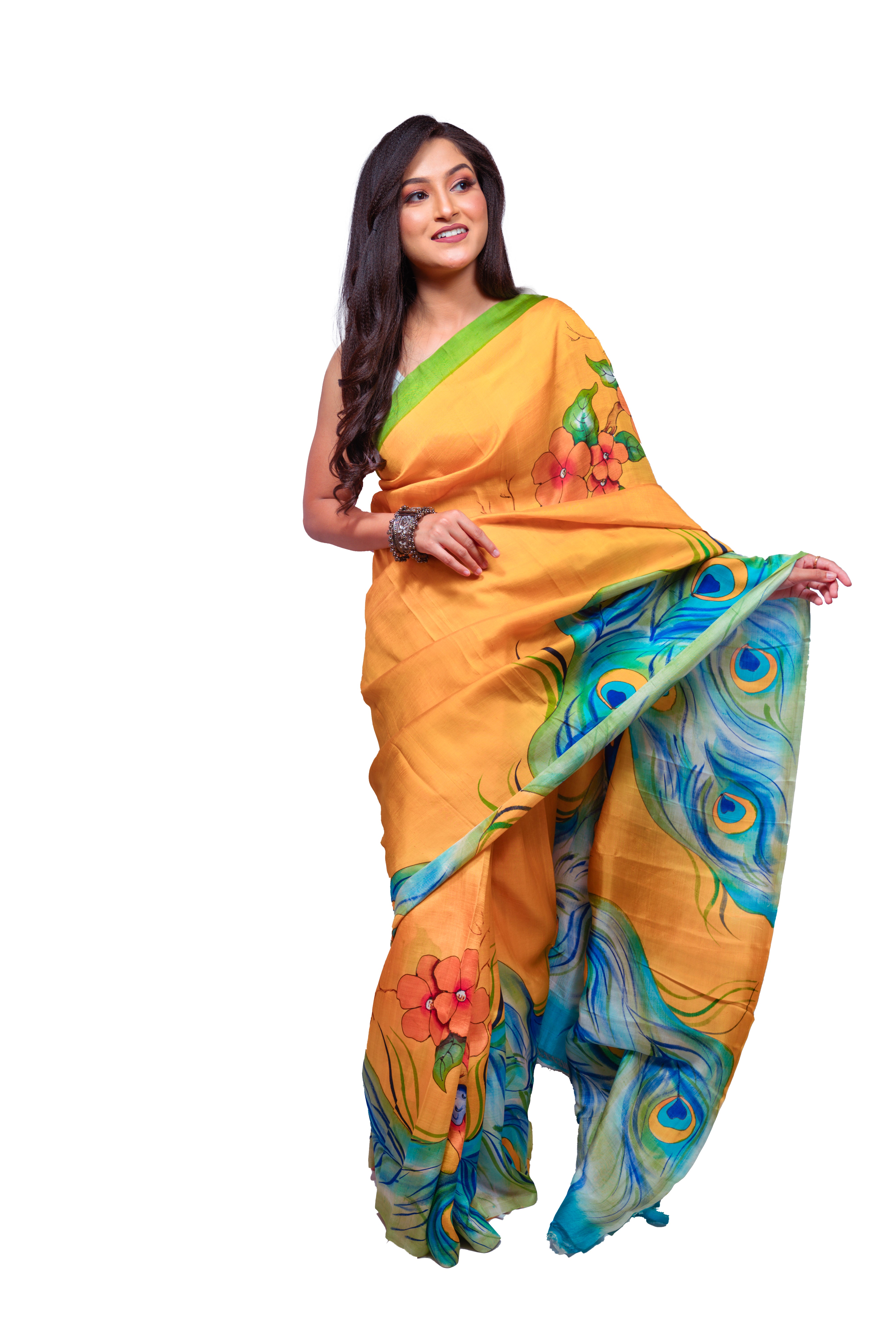 Bright Yellow base with green border and multicolour motifs silk saree