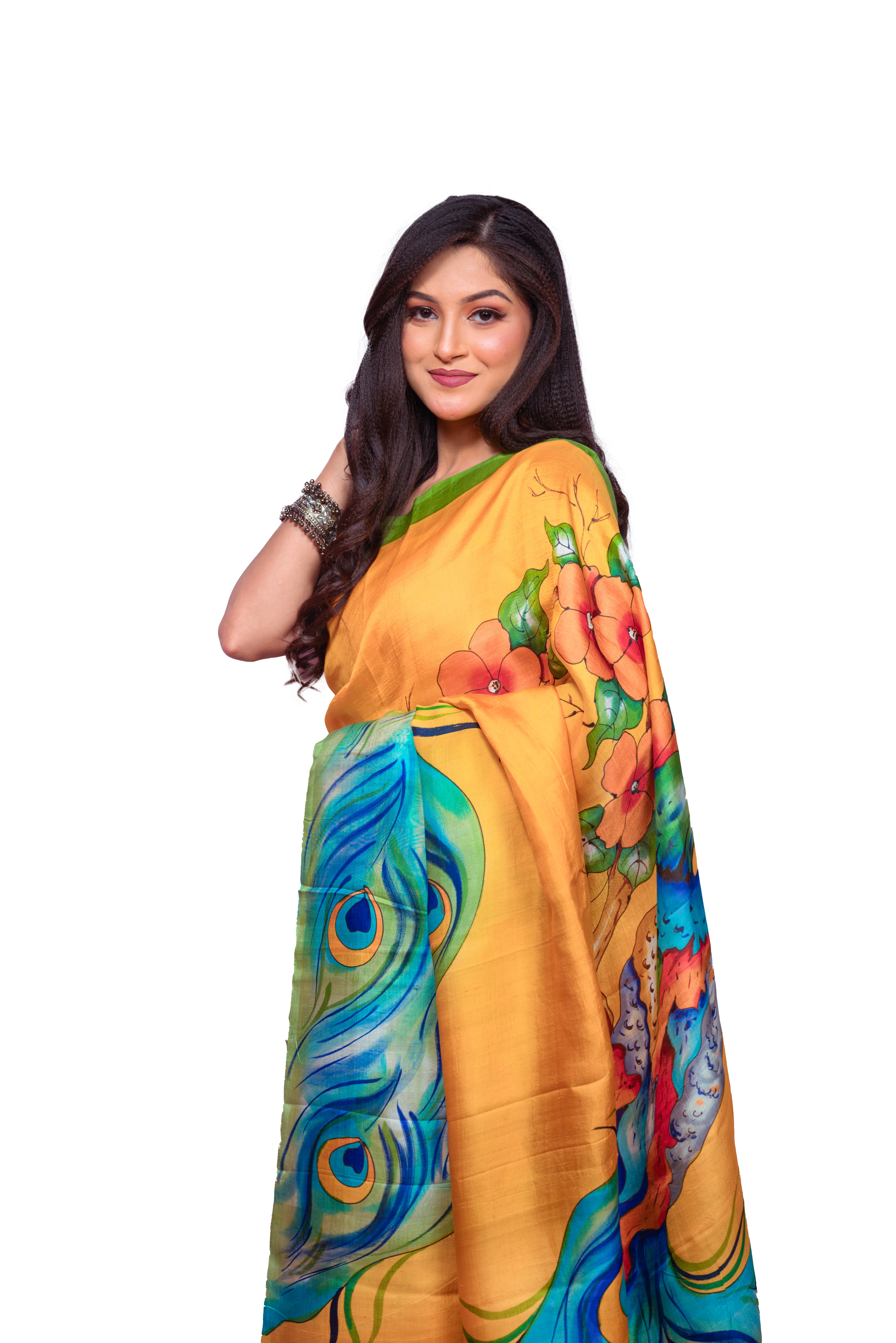 Bright Yellow base with green border and multicolour motifs silk saree