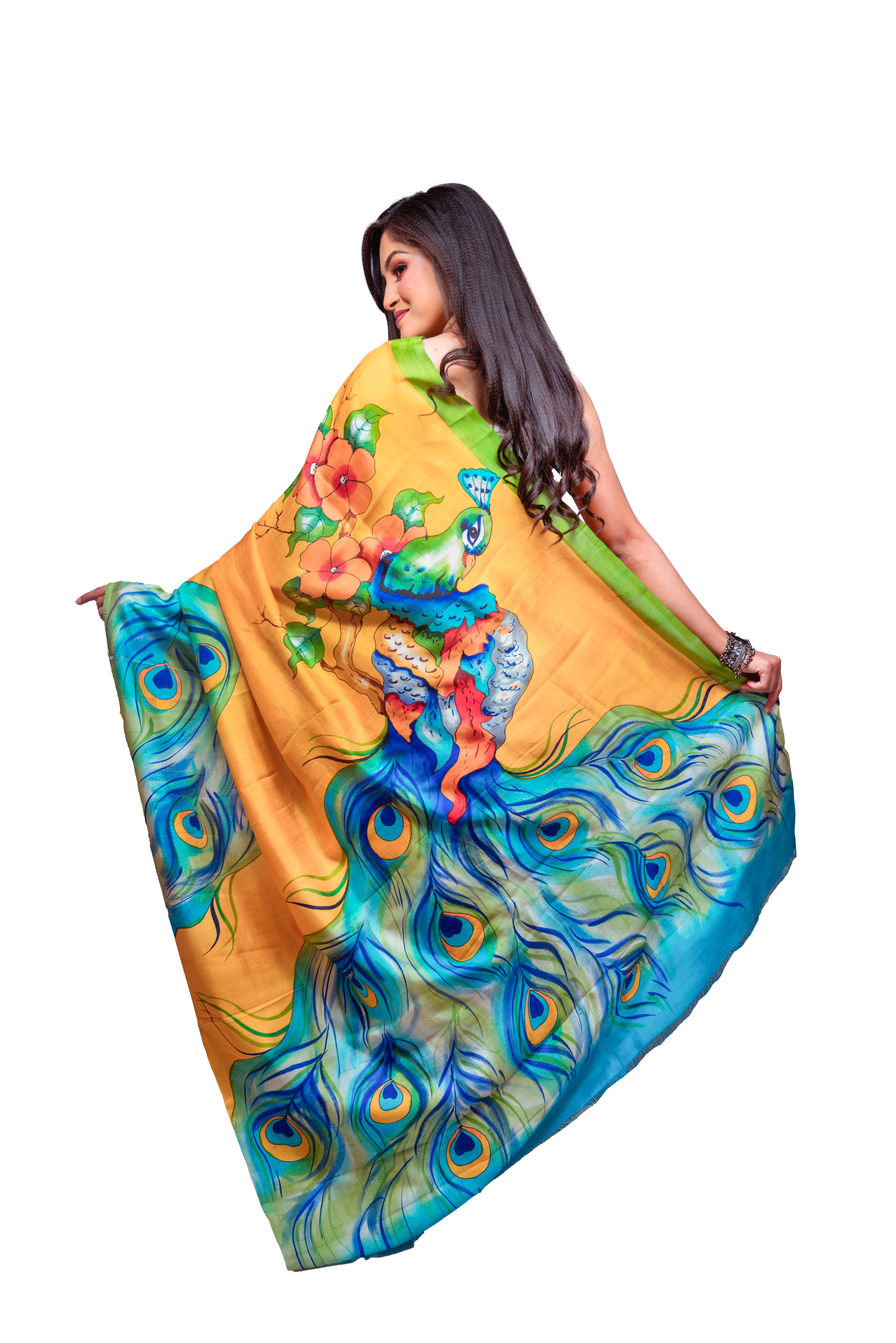 Bright Yellow base with green border and multicolour motifs silk saree