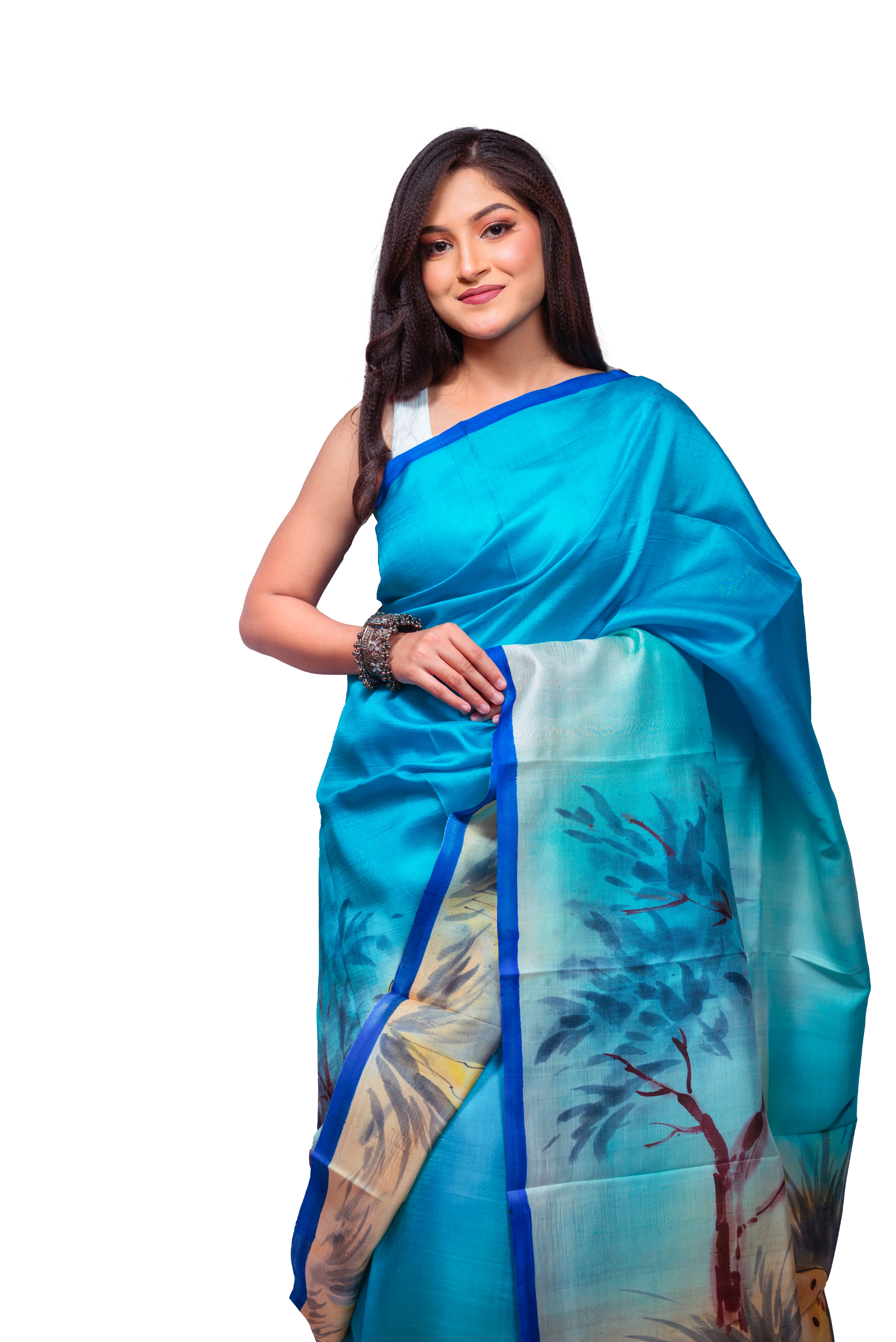 Shades of blue with cream undertones and artistic motifs silk saree