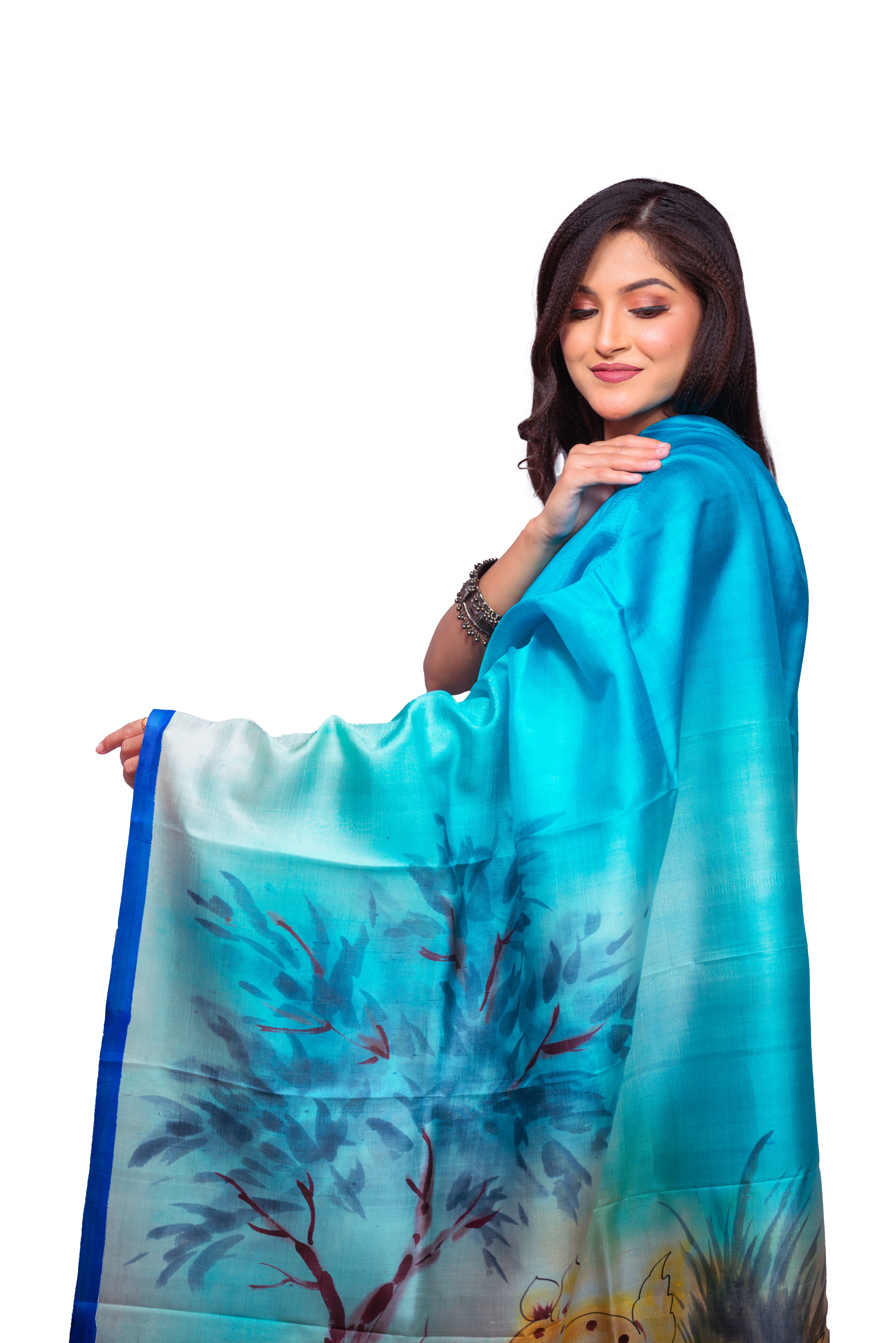 Shades of blue with cream undertones and artistic motifs silk saree