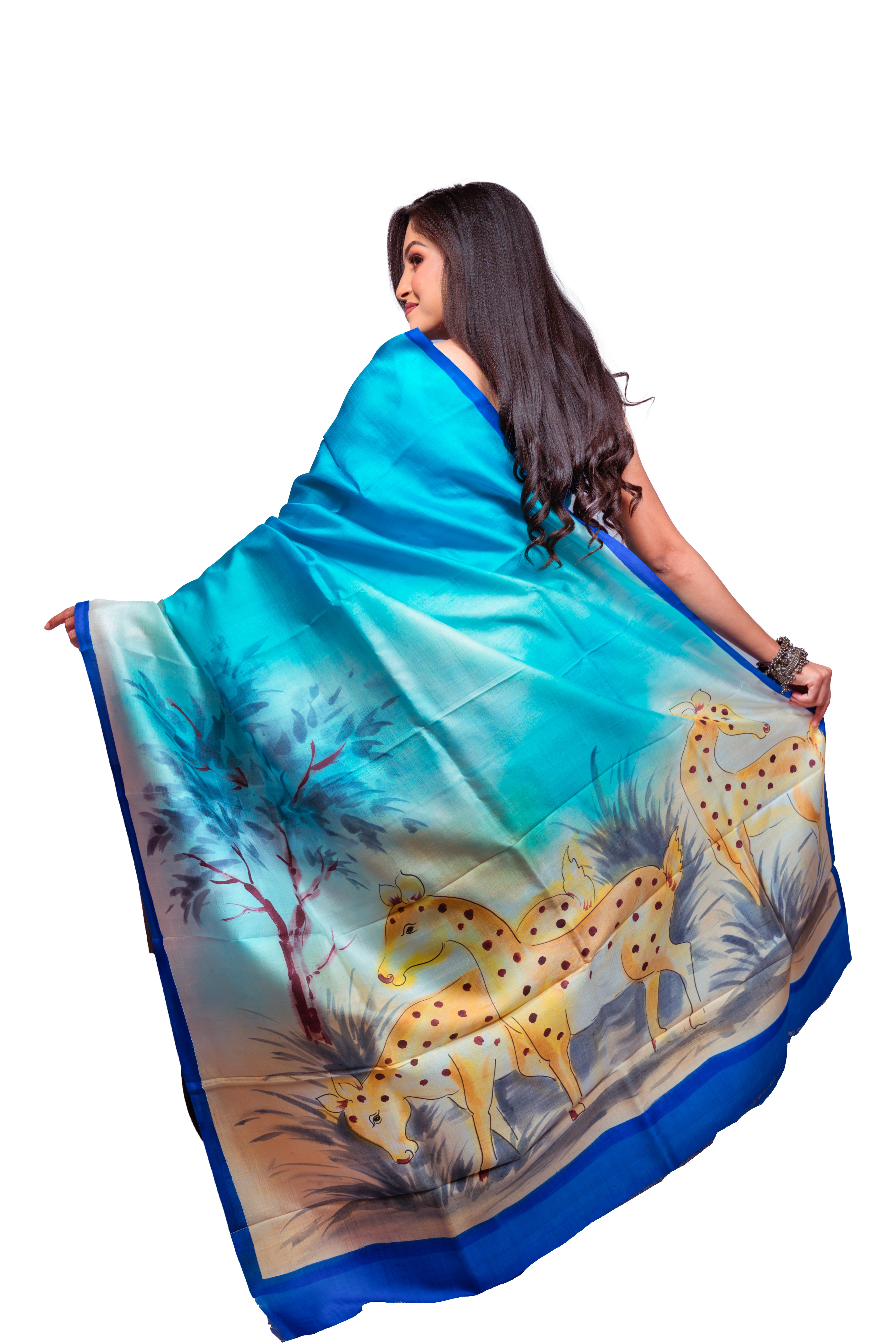 Shades of blue with cream undertones and artistic motifs silk saree