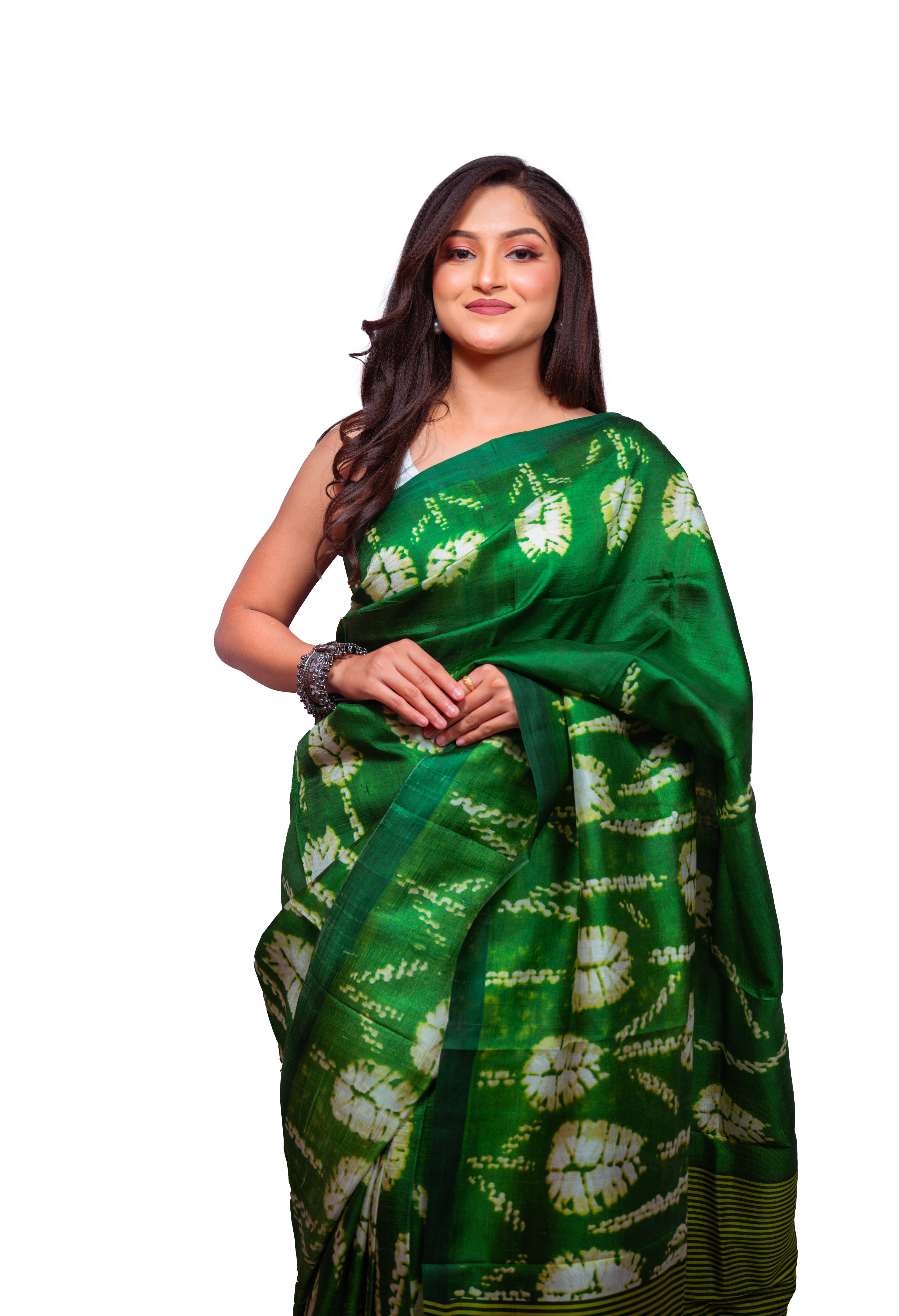 Deep green with white tie-dye motifs silk saree