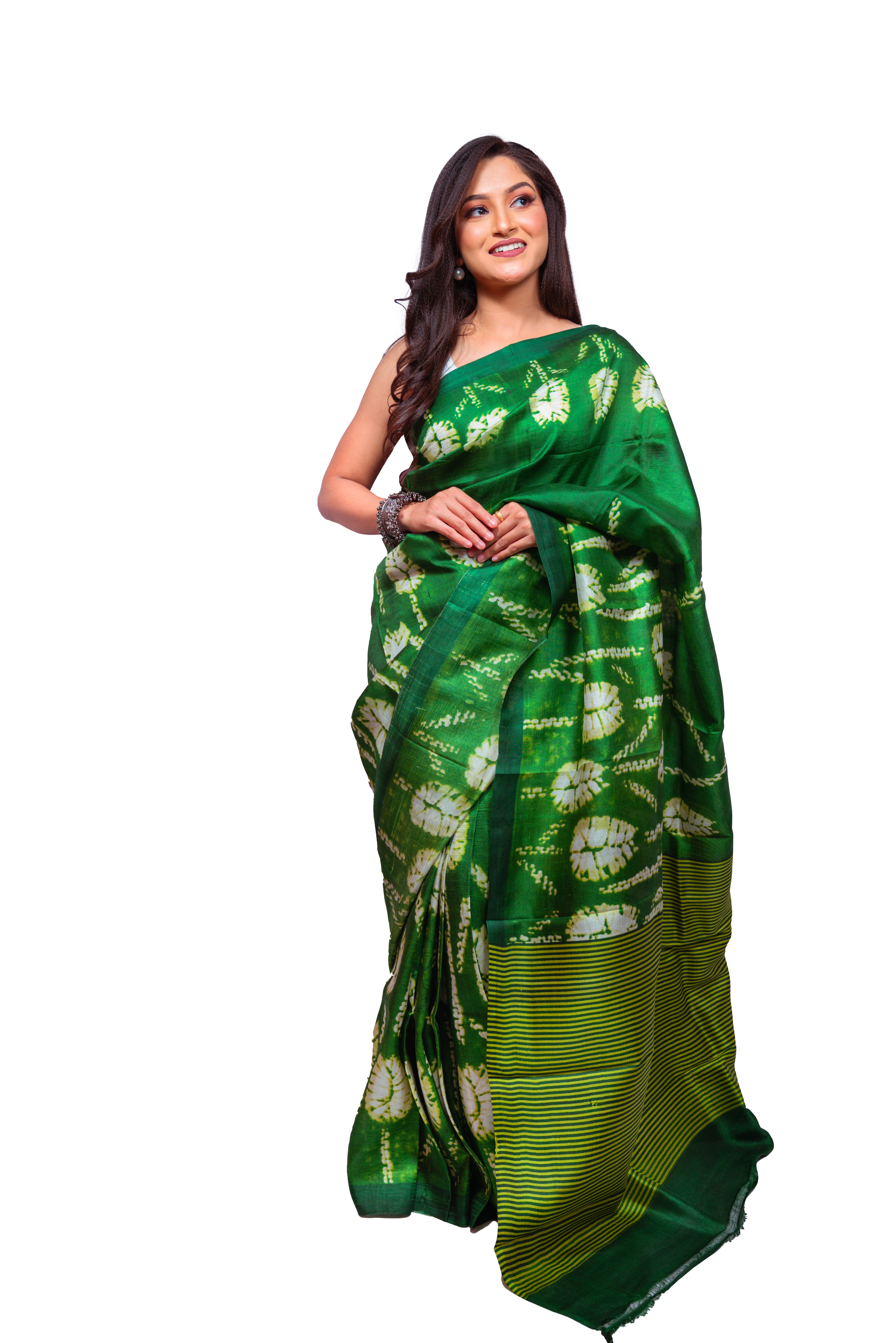 Deep green with white tie-dye motifs silk saree