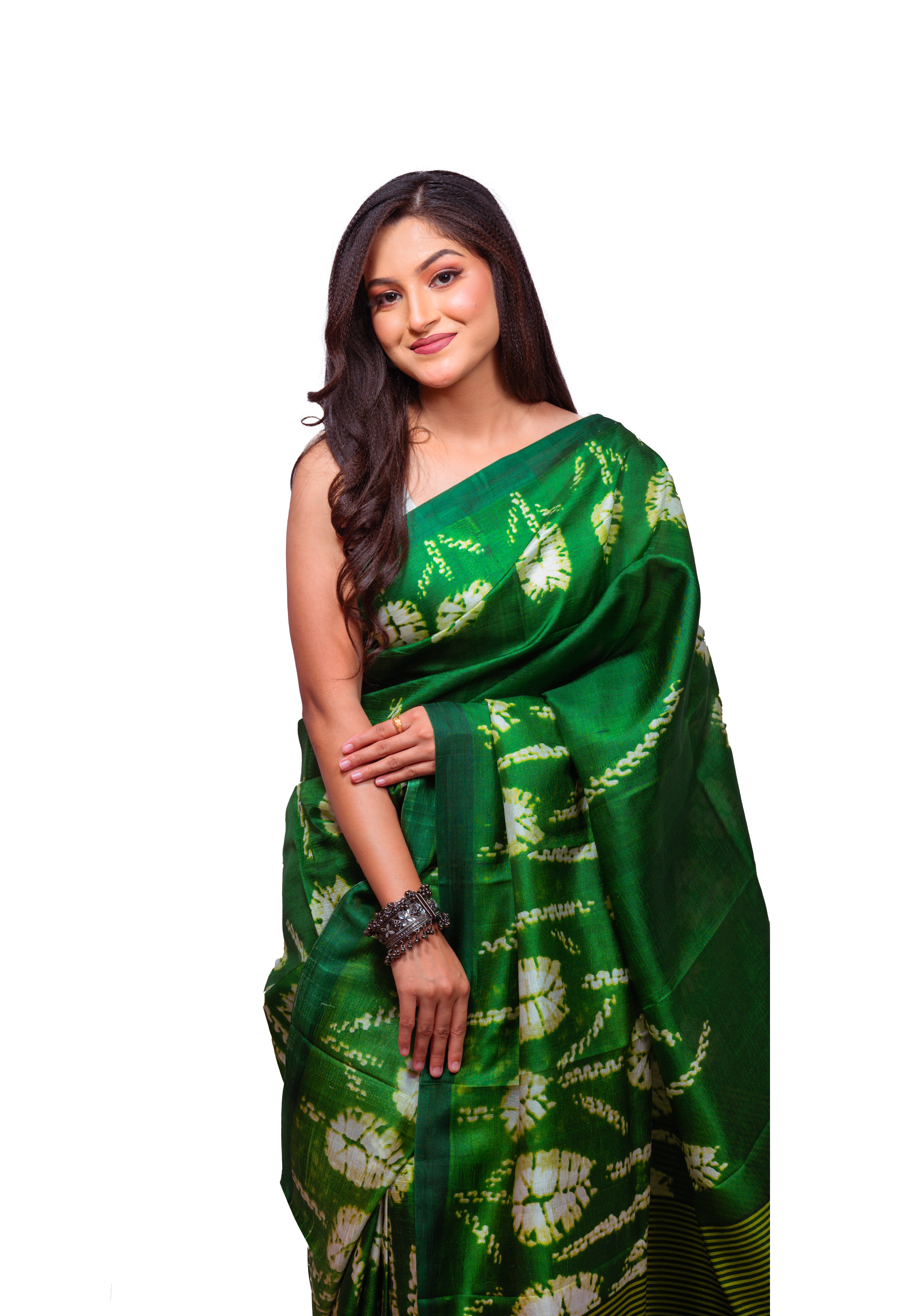 Deep green with white tie-dye motifs silk saree