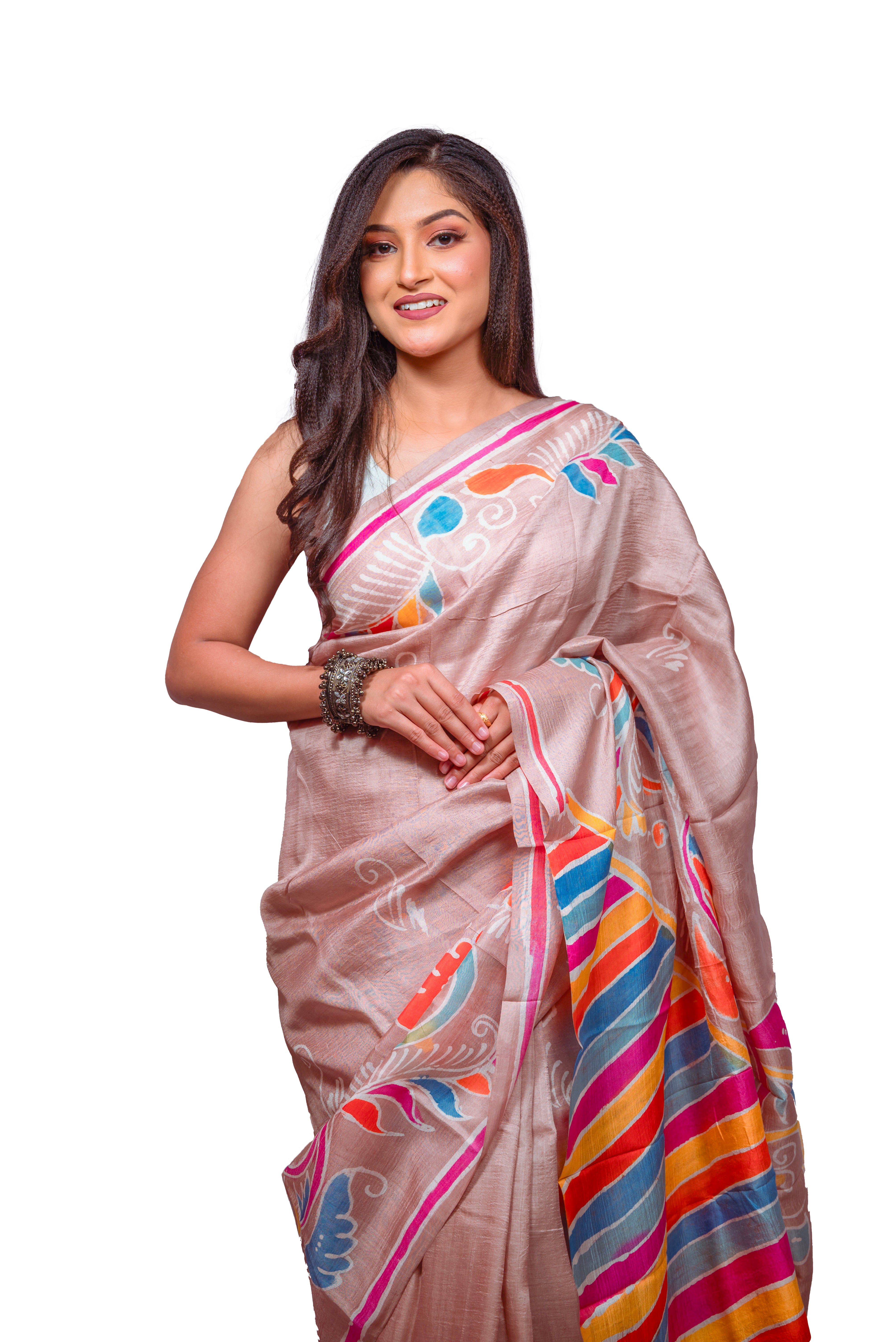 Elegant beige base with multicolour highlights silk saree