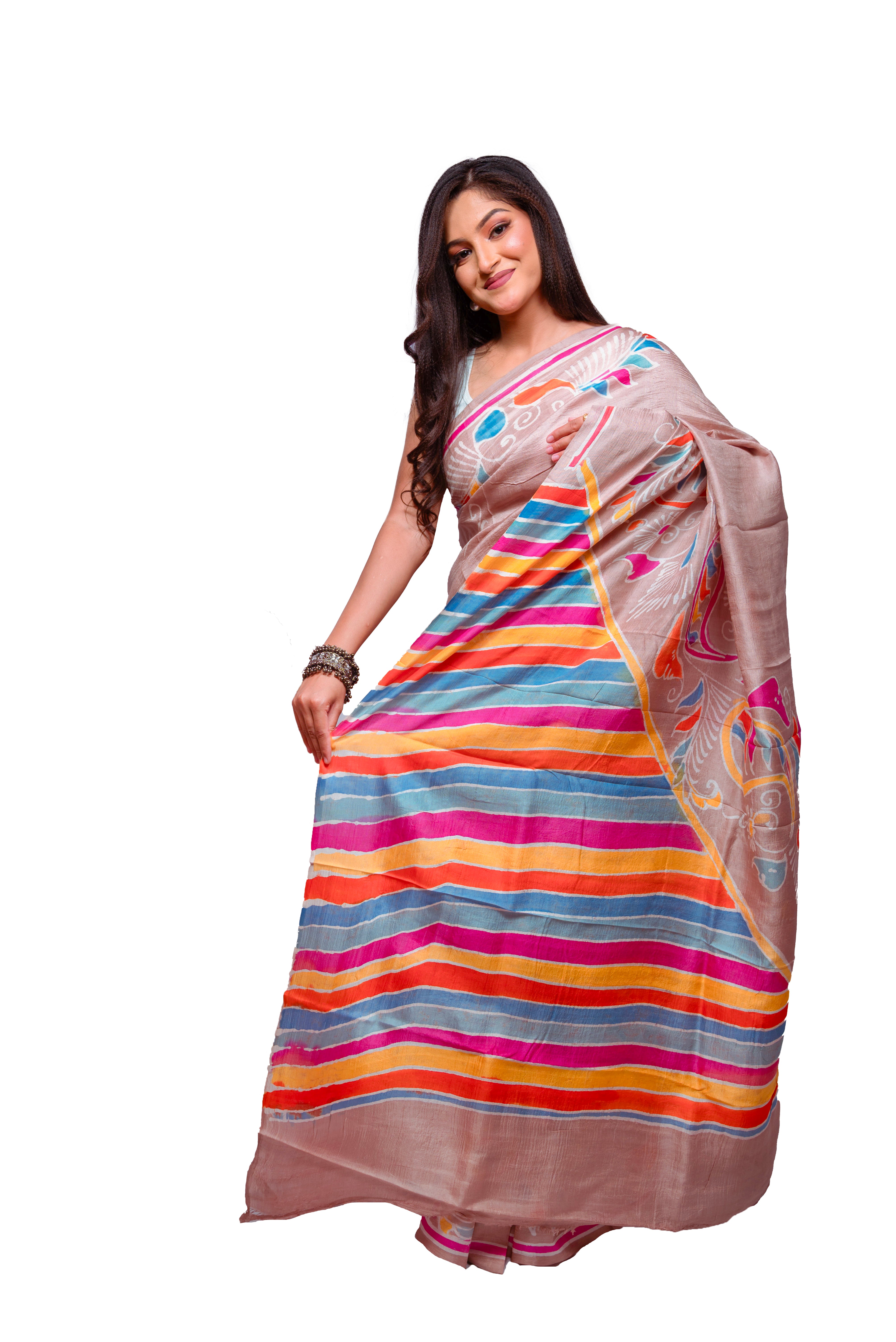 Elegant beige base with multicolour highlights silk saree