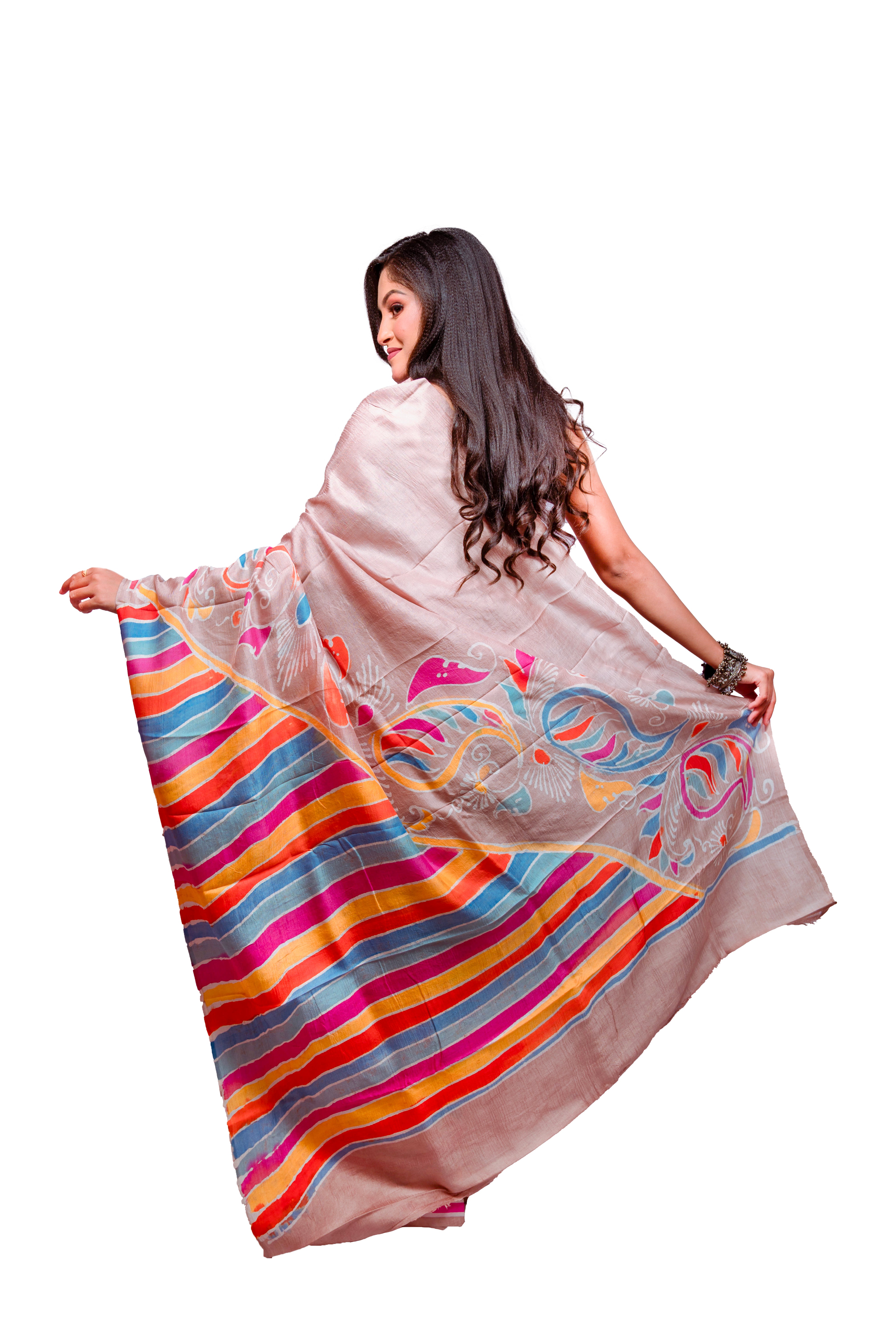 Elegant beige base with multicolour highlights silk saree