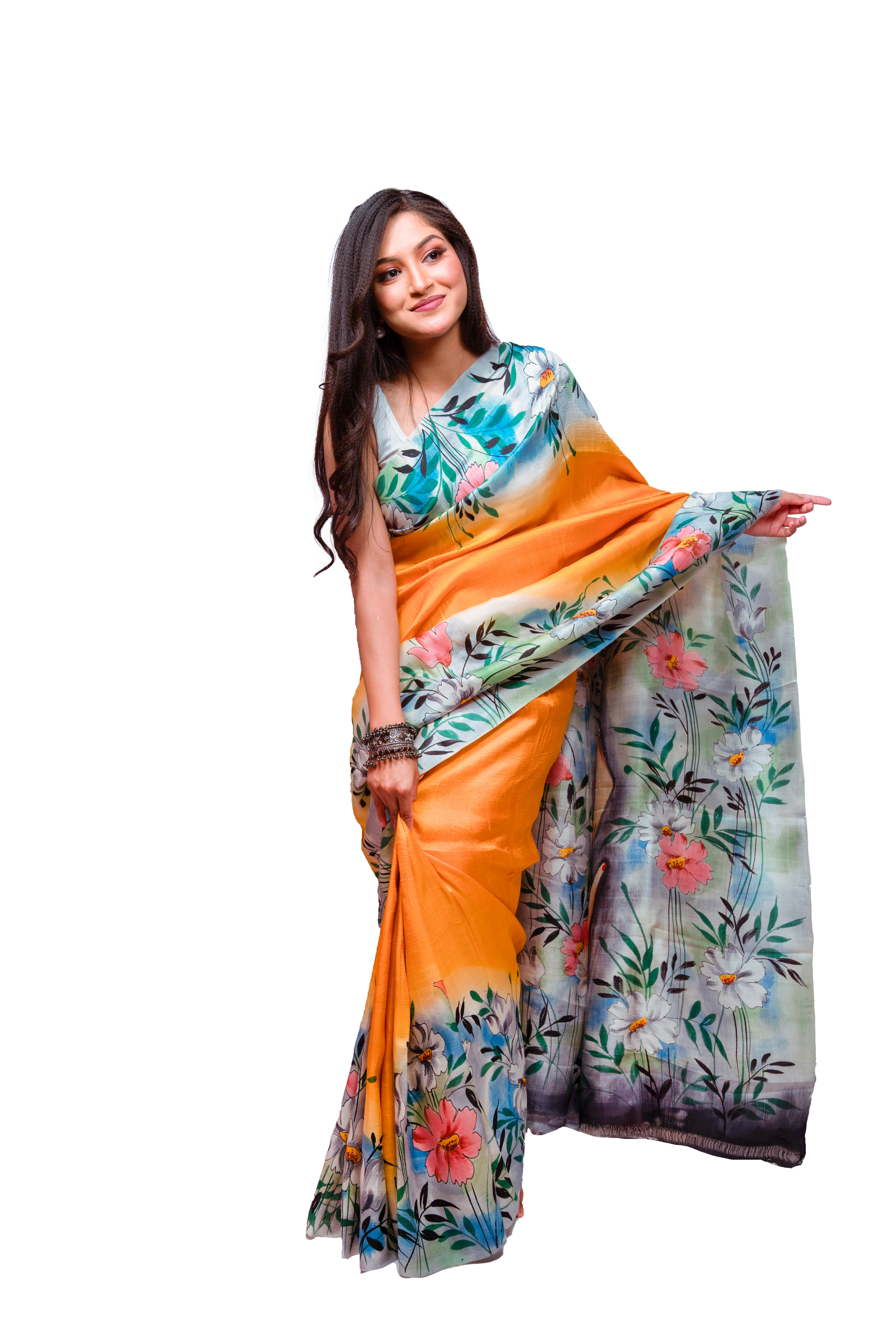Mustard yellow with multicolour floral and artistic pallu silk saree.