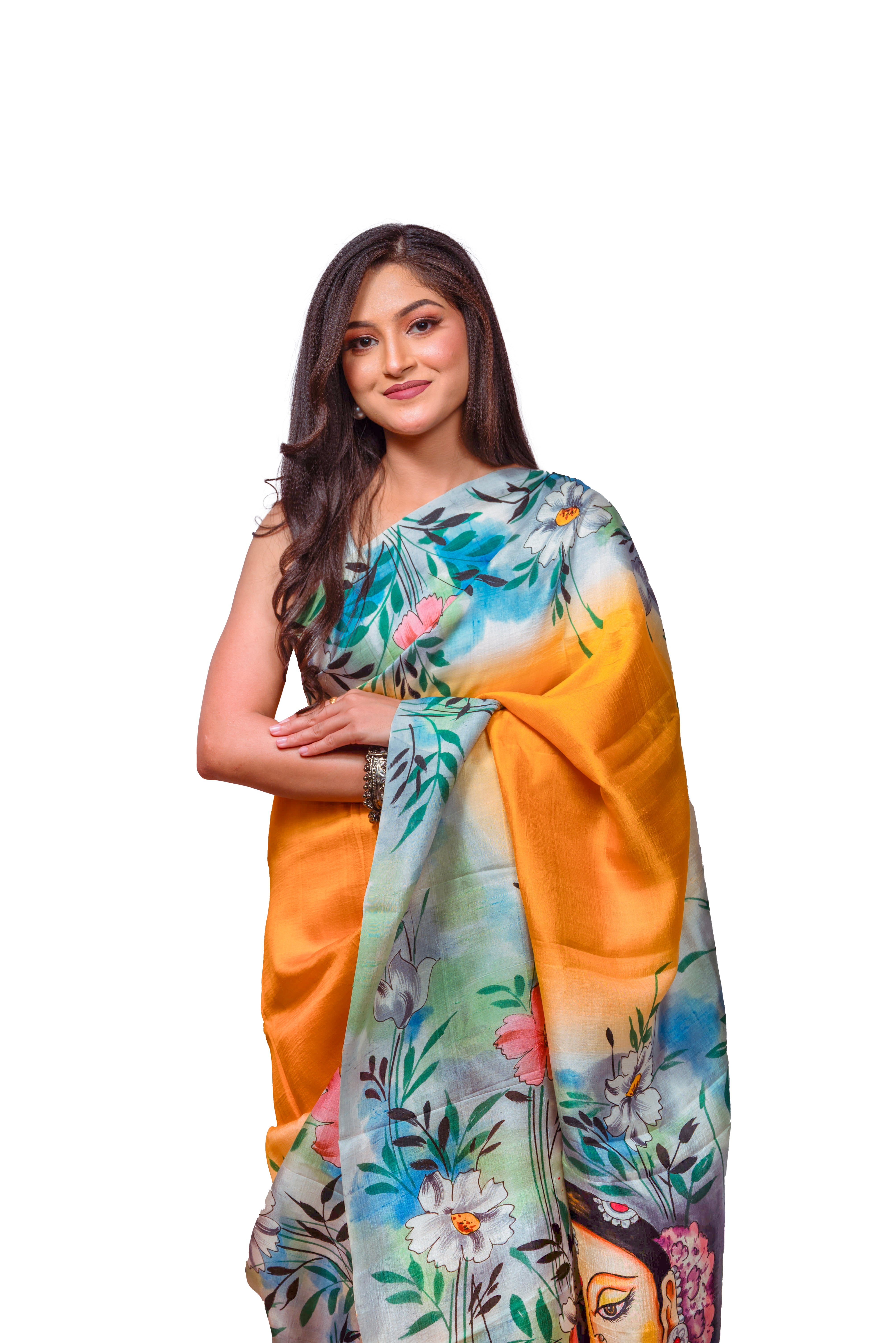 Mustard yellow with multicolour floral and artistic pallu silk saree.