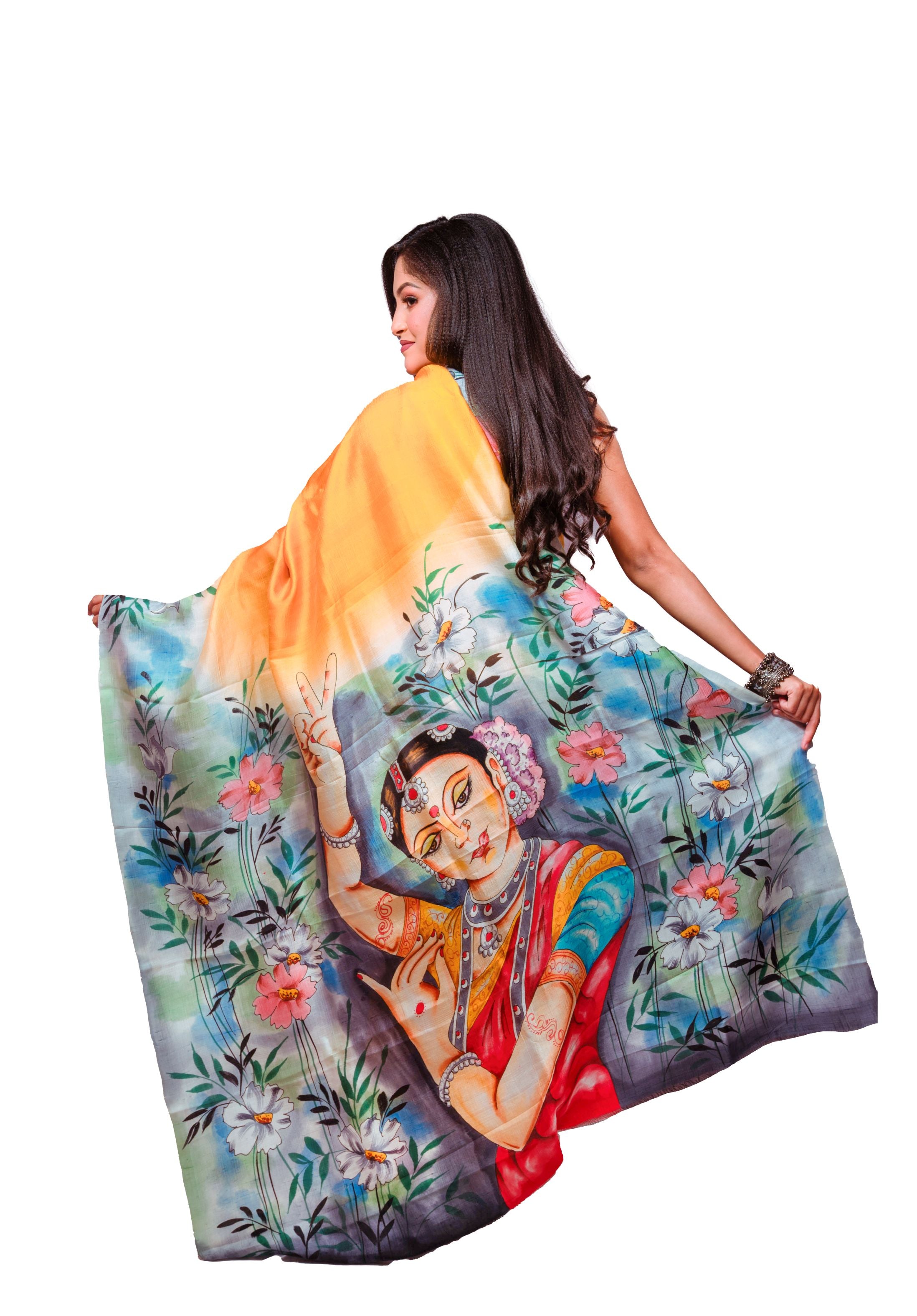 Mustard yellow with multicolour floral and artistic pallu silk saree.