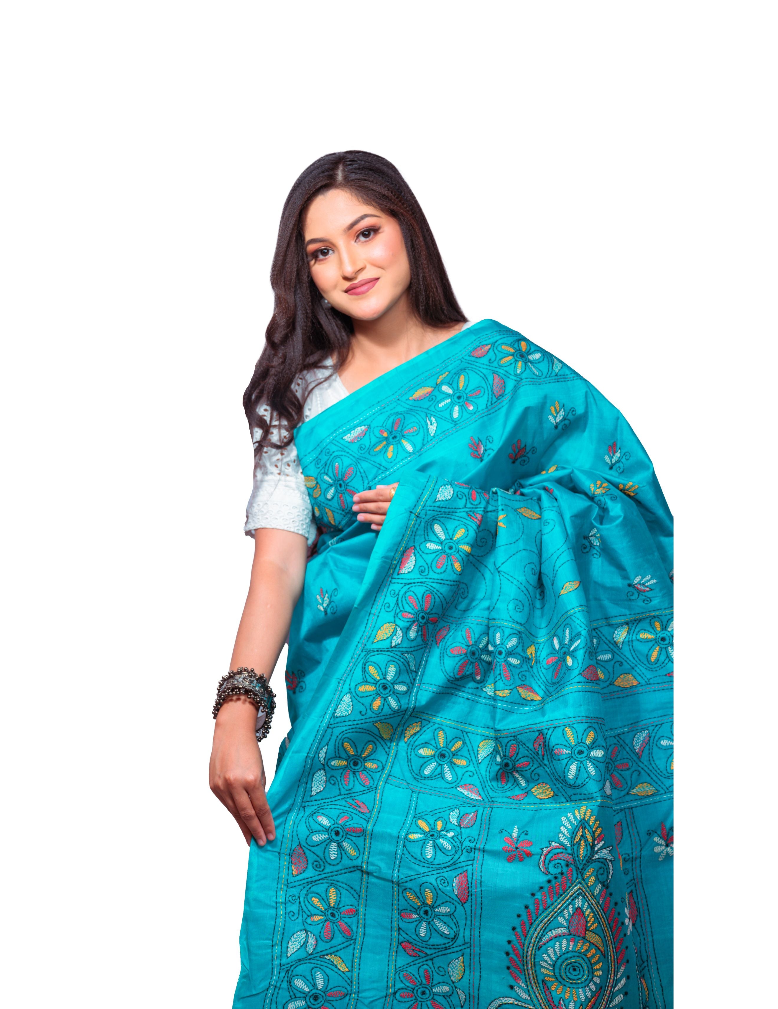 Turquoise Blue Silk Saree with Colorful Floral Embroidery