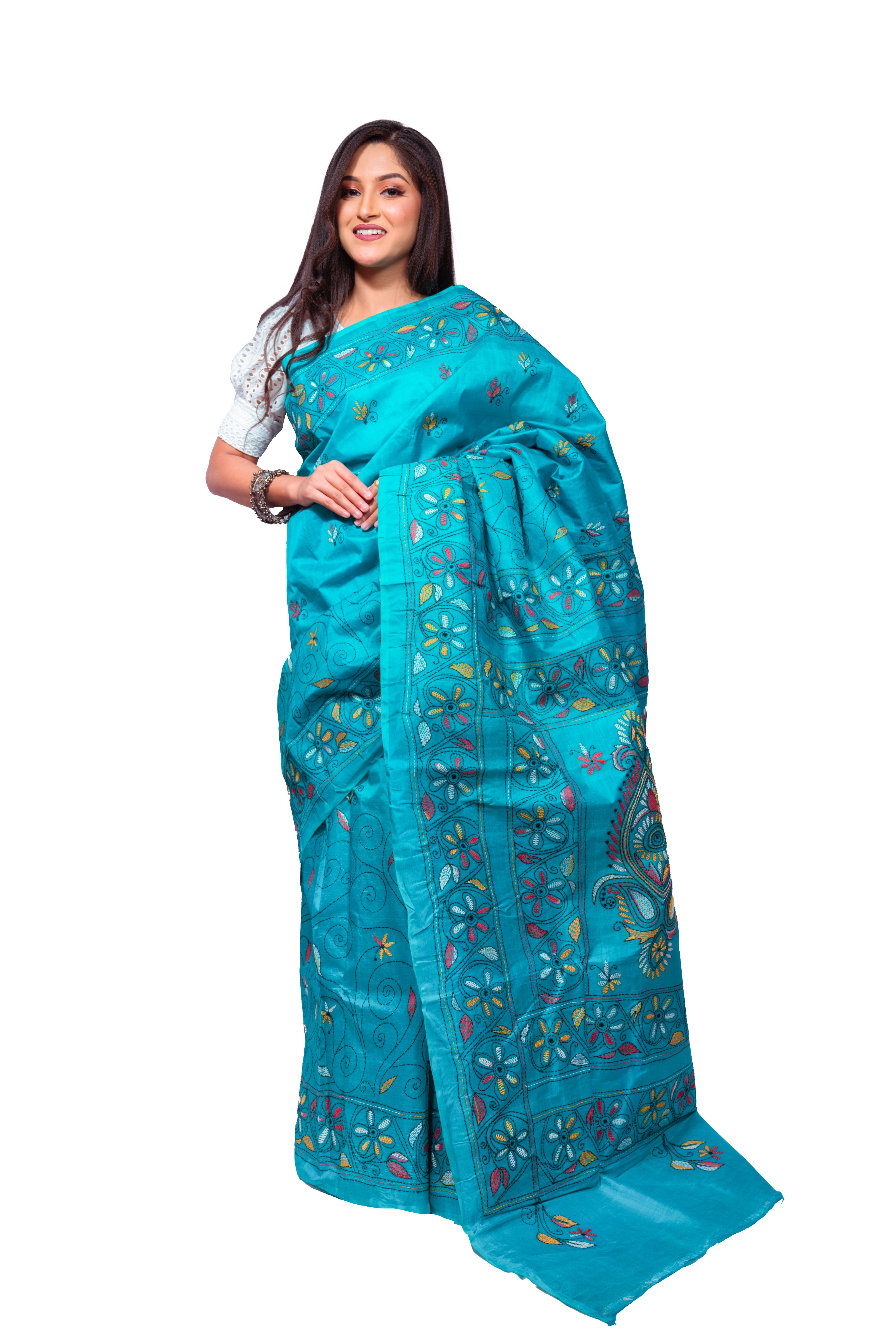 Turquoise Blue Silk Saree with Colorful Floral Embroidery