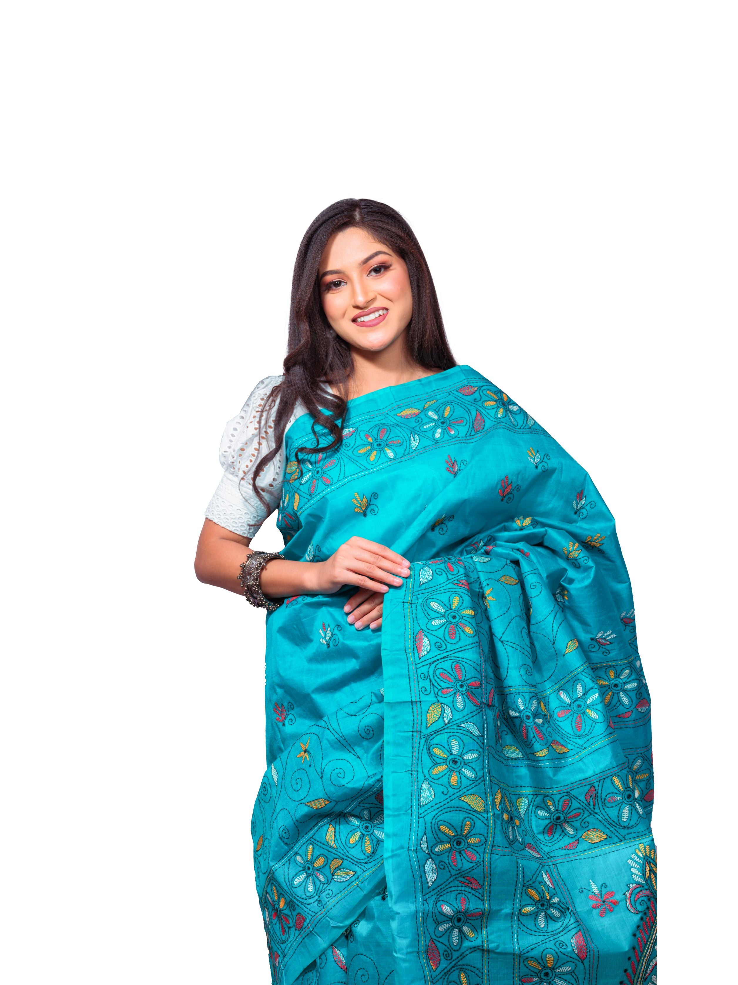 Turquoise Blue Silk Saree with Colorful Floral Embroidery