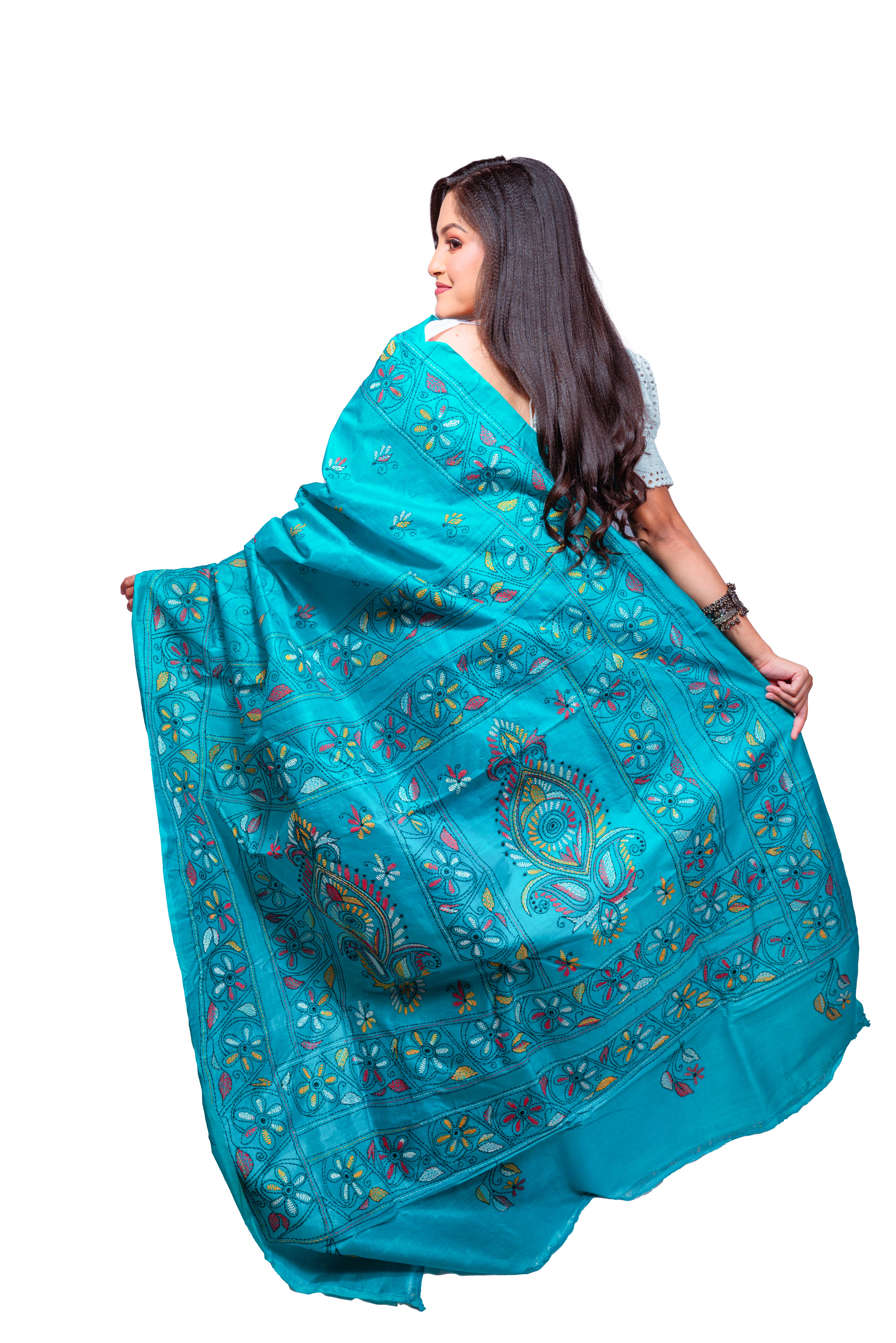 Turquoise Blue Silk Saree with Colorful Floral Embroidery