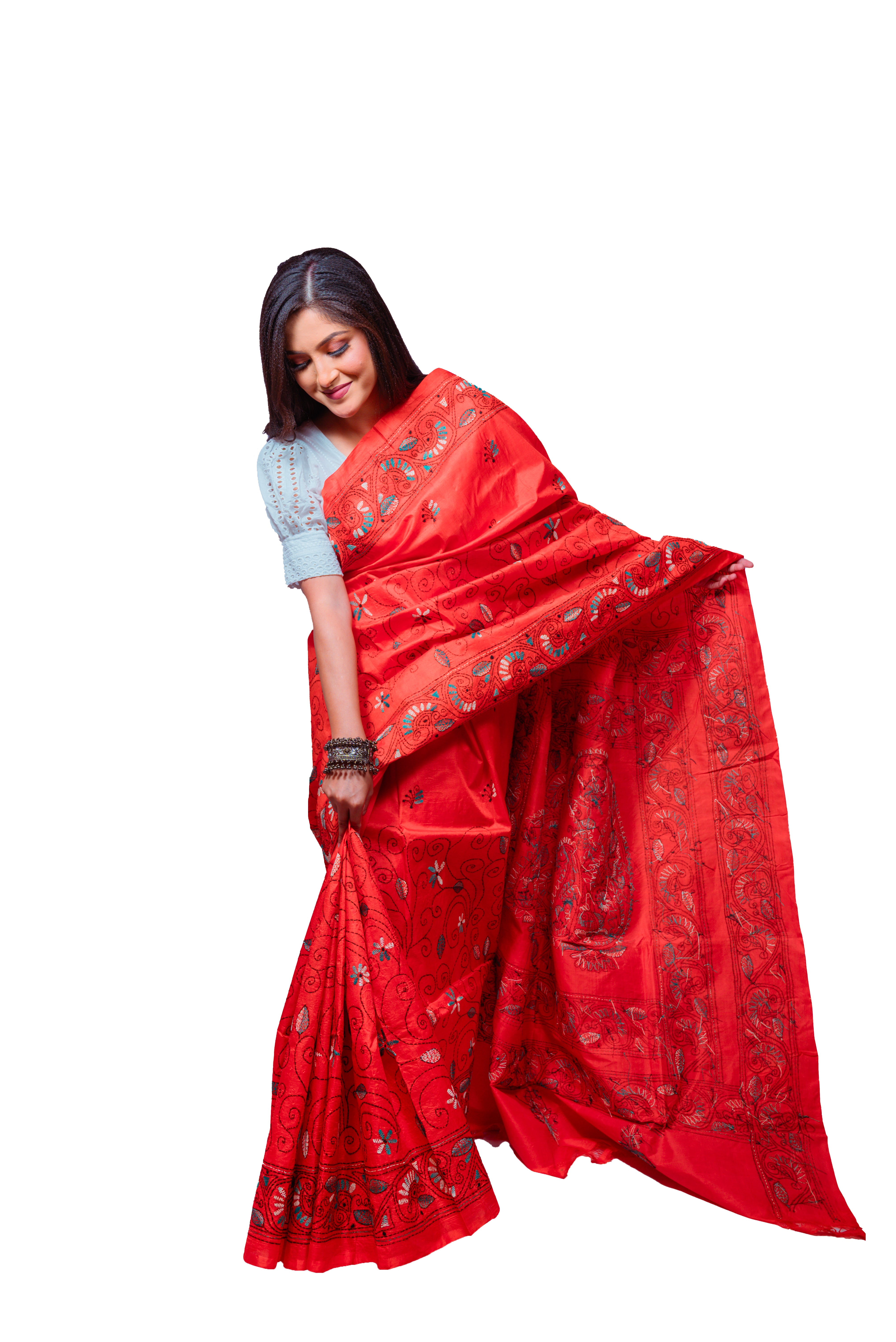 Radiant Red Silk Saree with Intricate Multicolor Embroidery