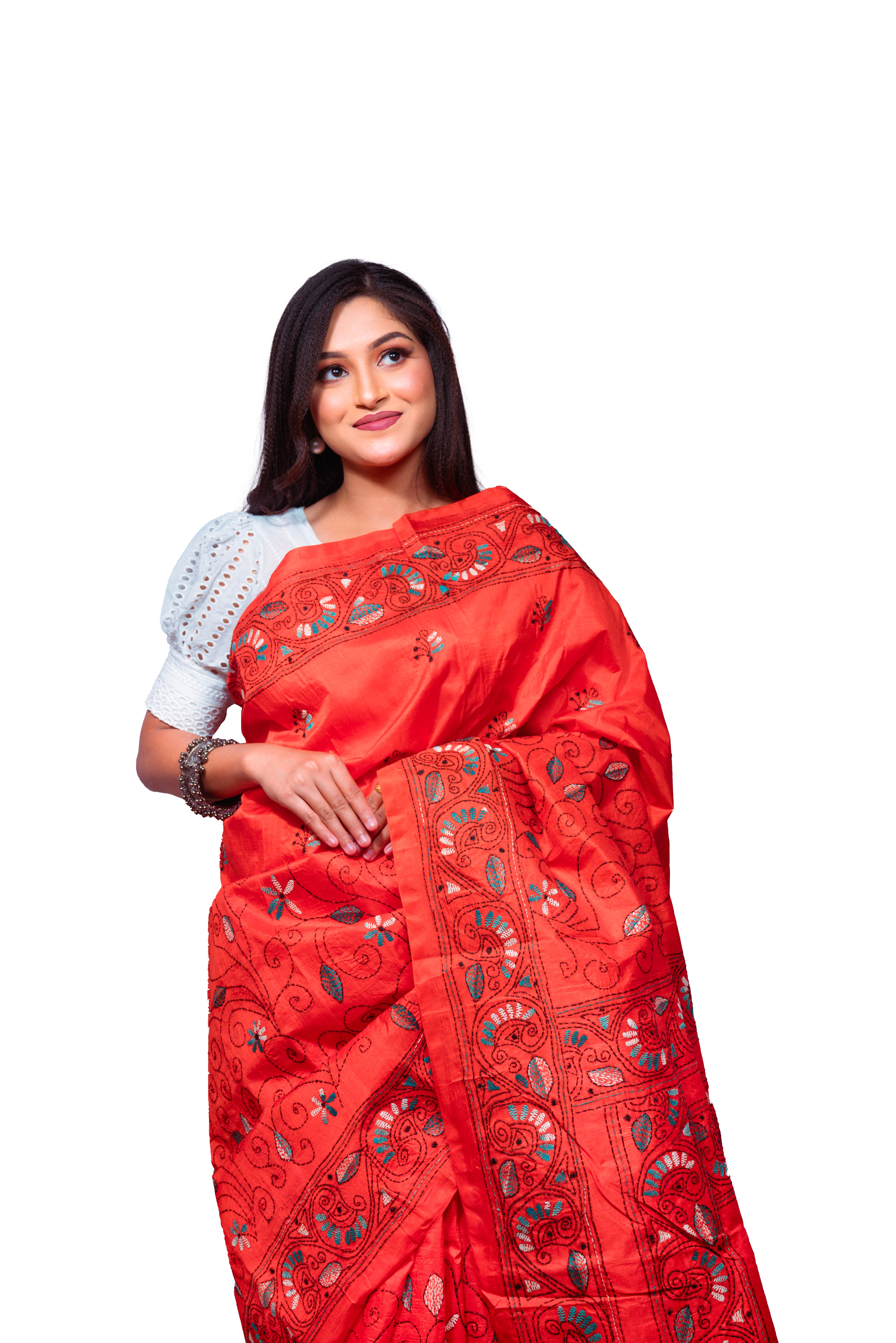Radiant Red Silk Saree with Intricate Multicolor Embroidery