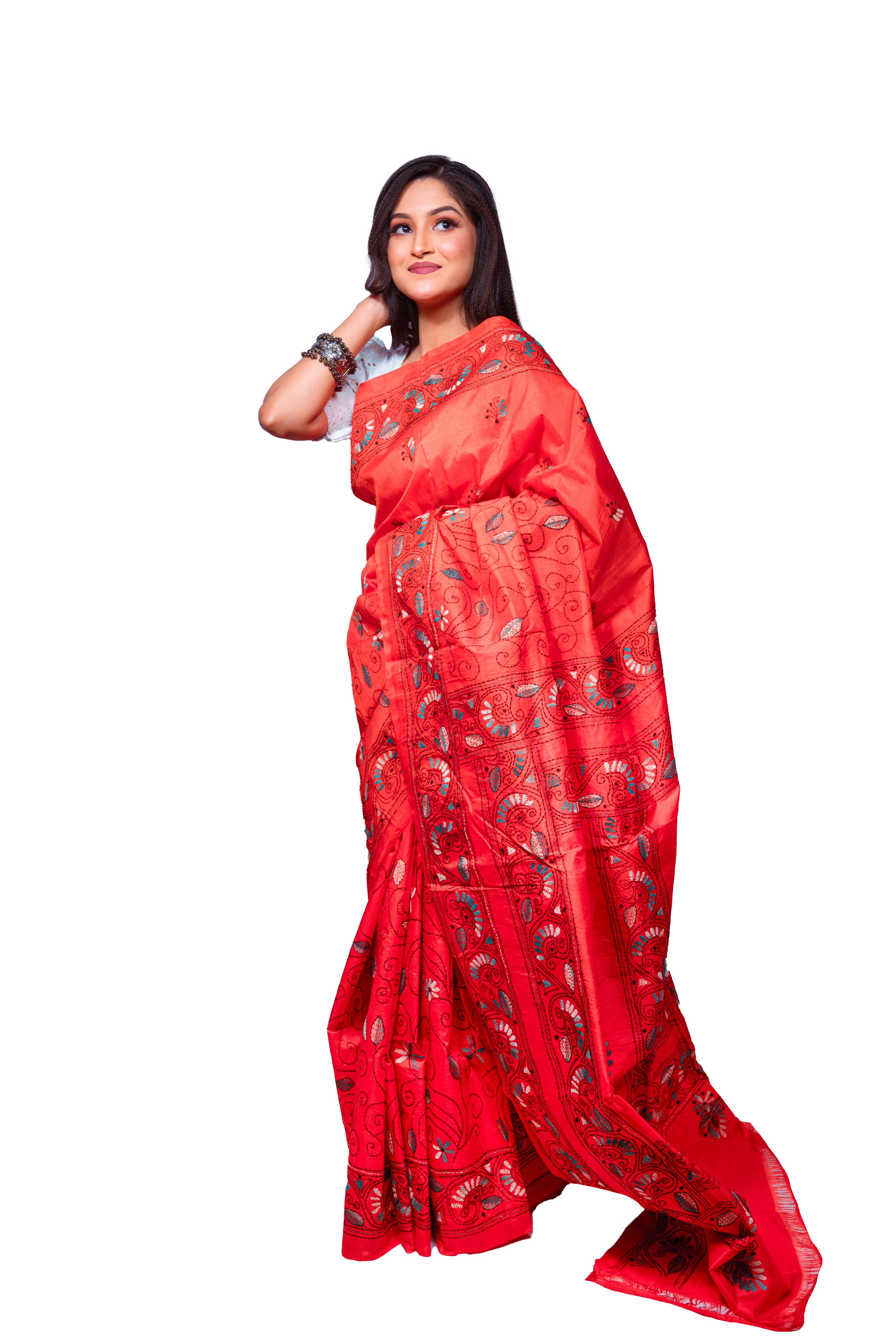 Radiant Red Silk Saree with Intricate Multicolor Embroidery