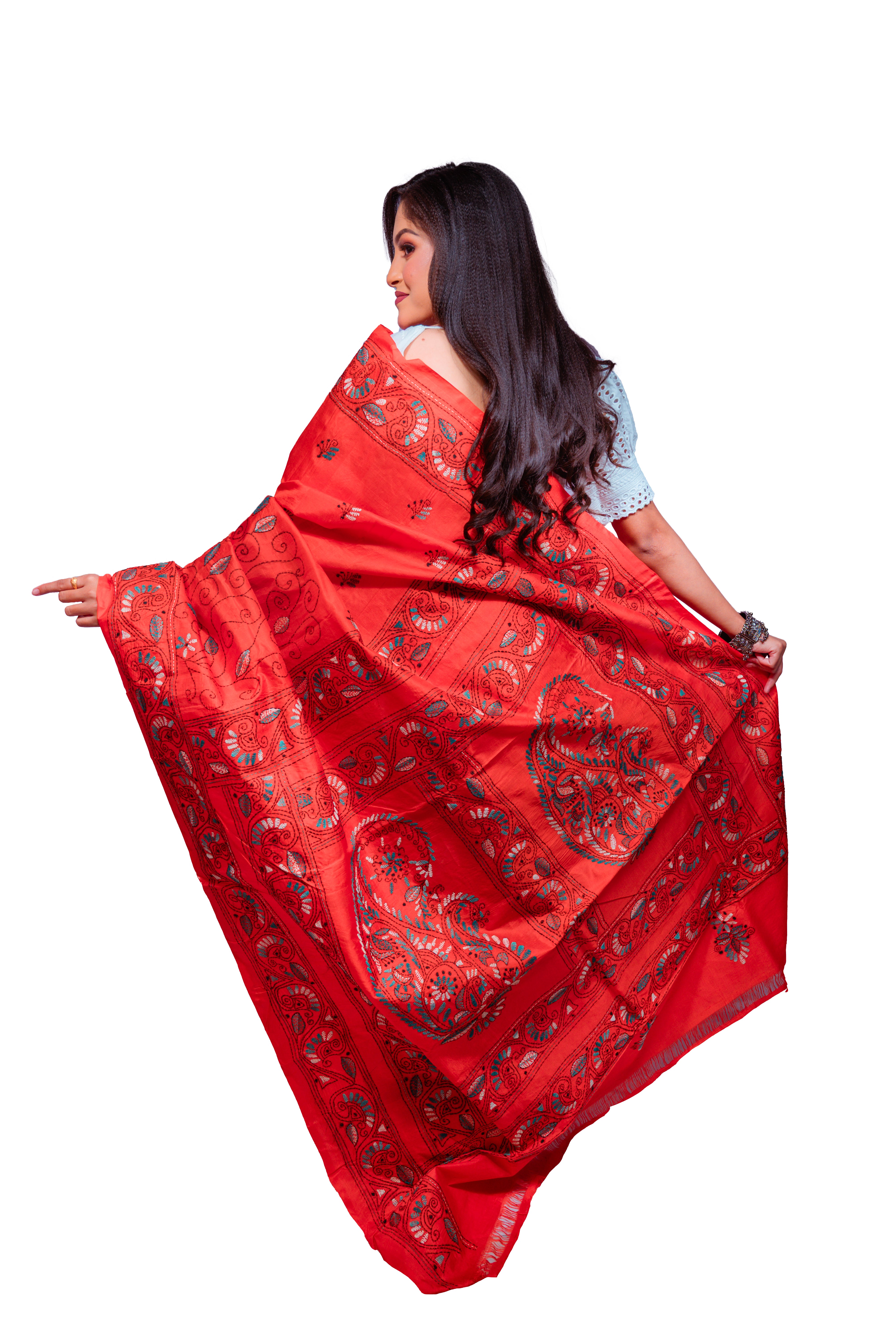 Radiant Red Silk Saree with Intricate Multicolor Embroidery