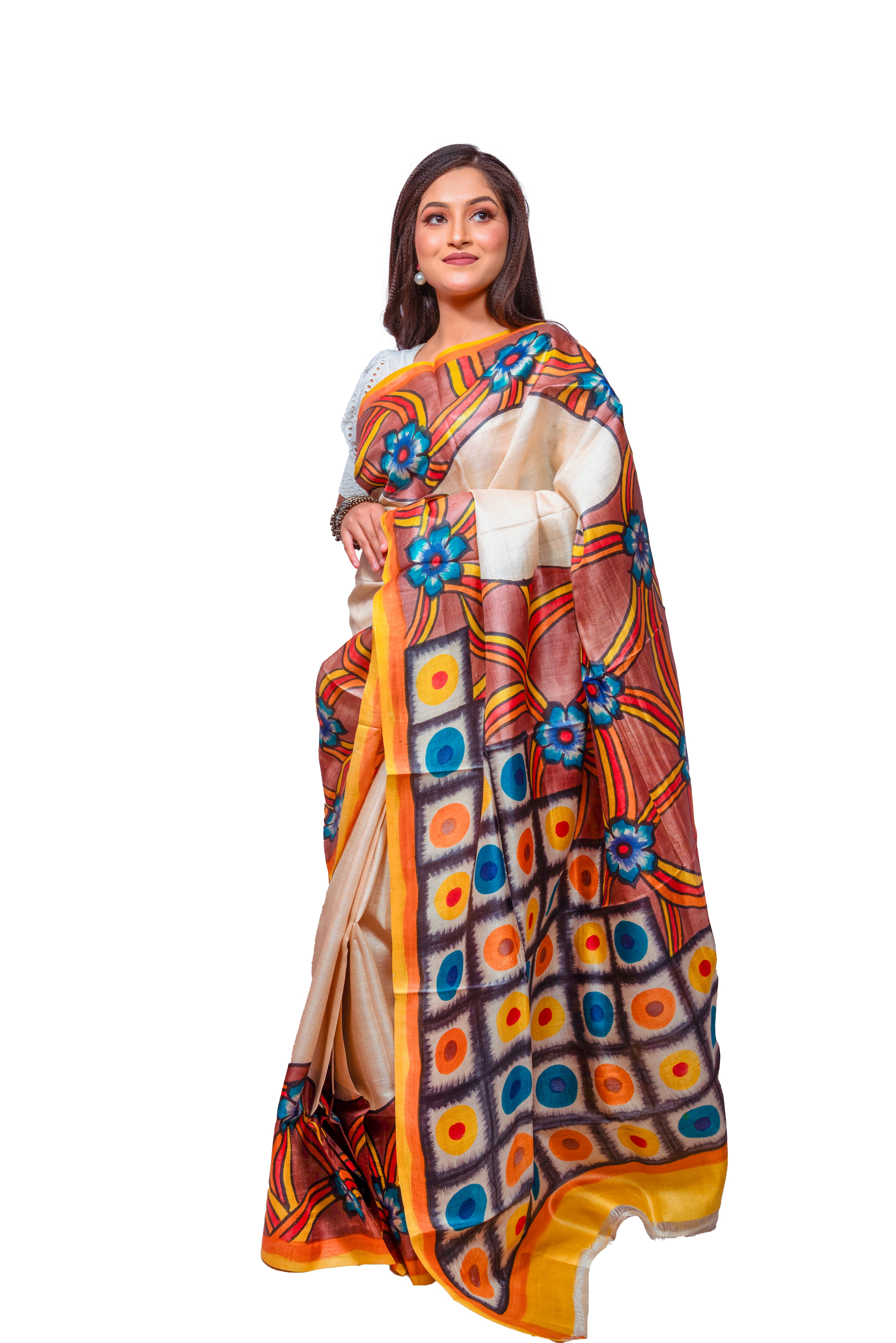 Cream & Multicolor Hand-Painted Tassar Silk Saree with Bold Floral Design
