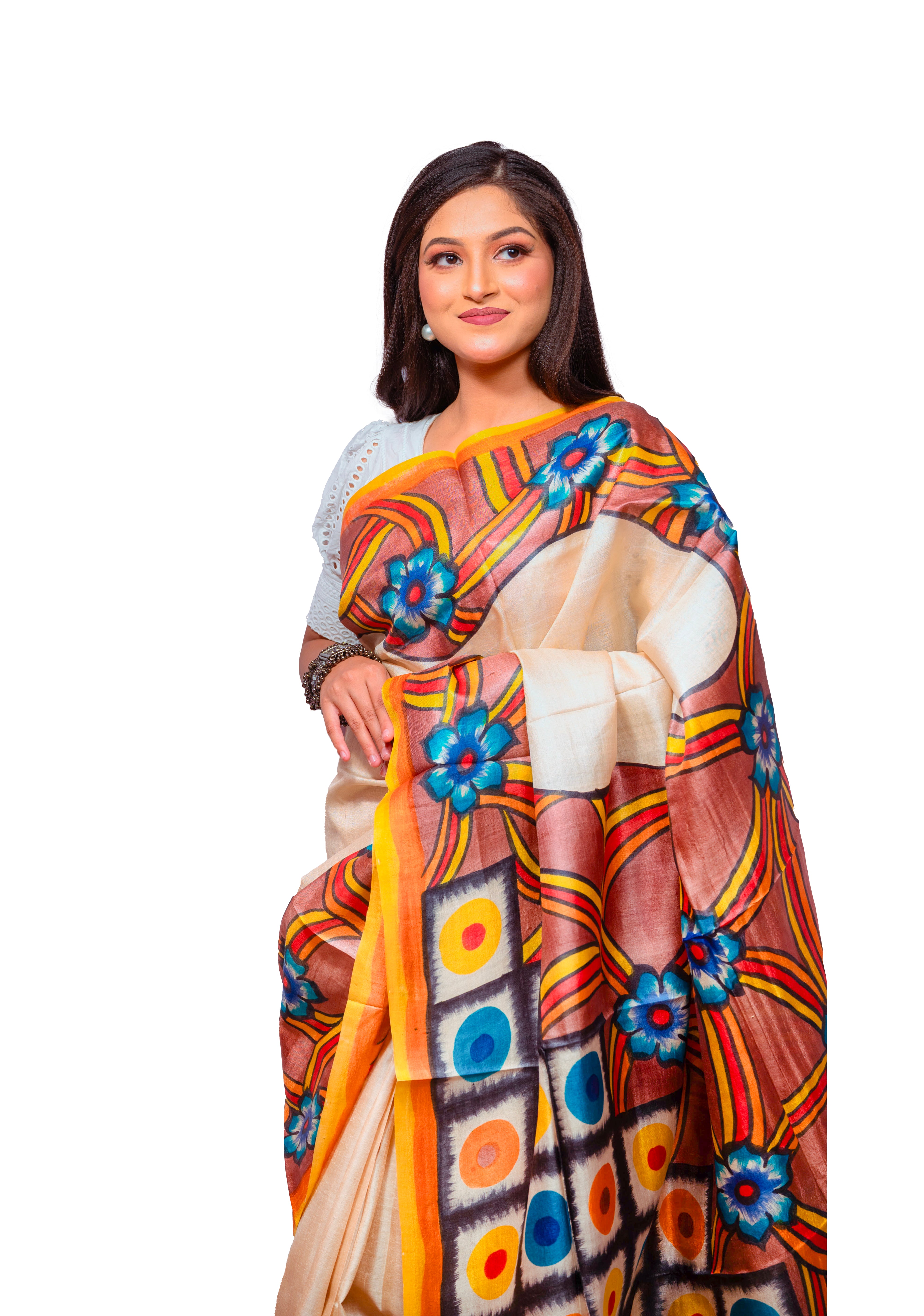 Cream & Multicolor Hand-Painted Tassar Silk Saree with Bold Floral Design