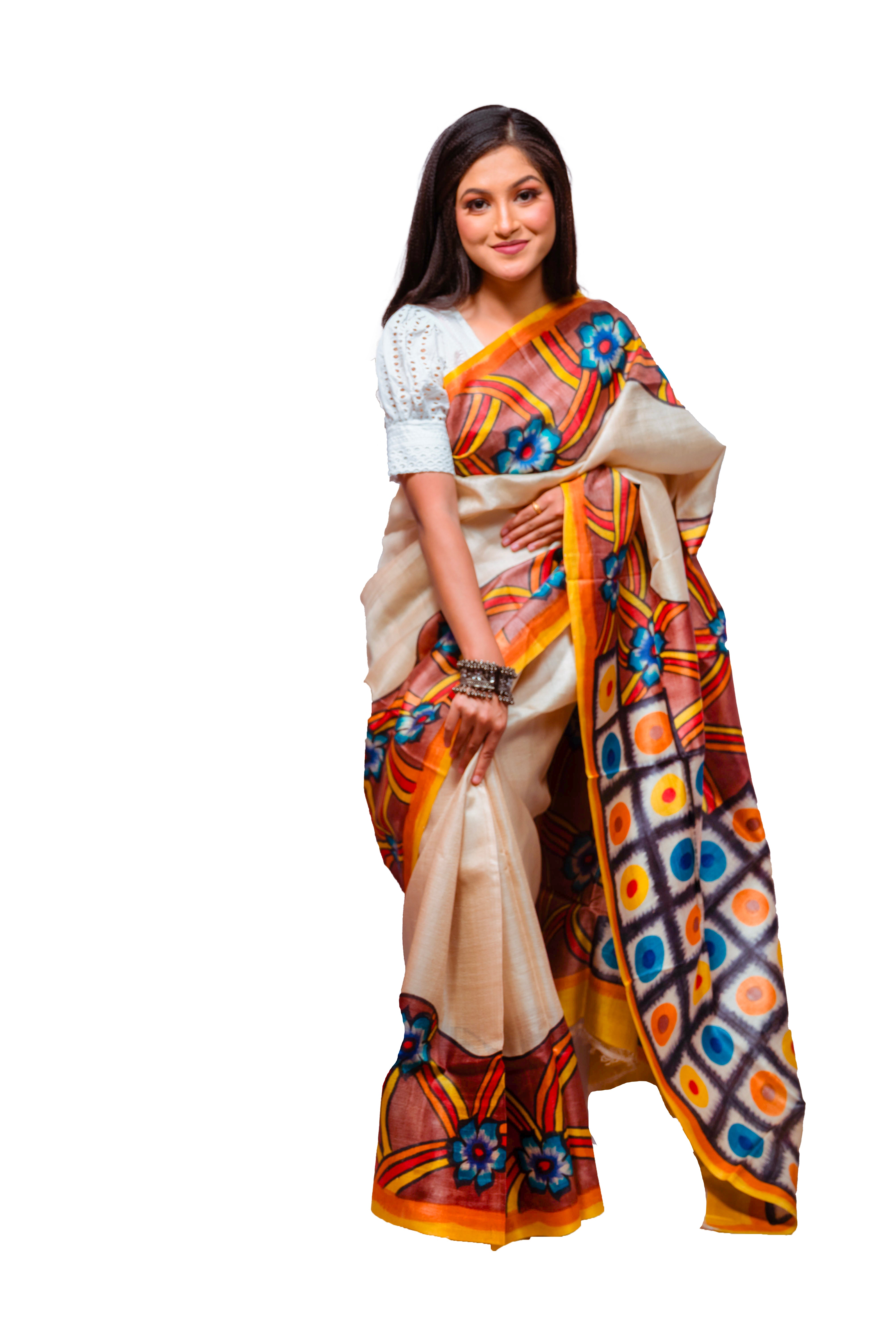 Cream & Multicolor Hand-Painted Tassar Silk Saree with Bold Floral Design