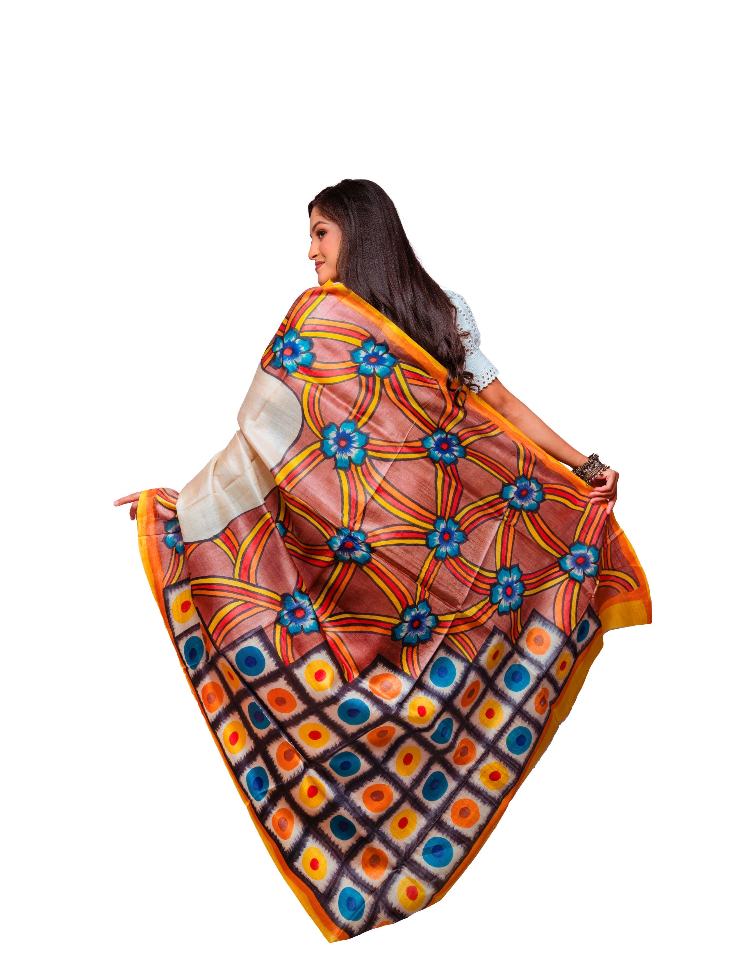 Cream & Multicolor Hand-Painted Tassar Silk Saree with Bold Floral Design