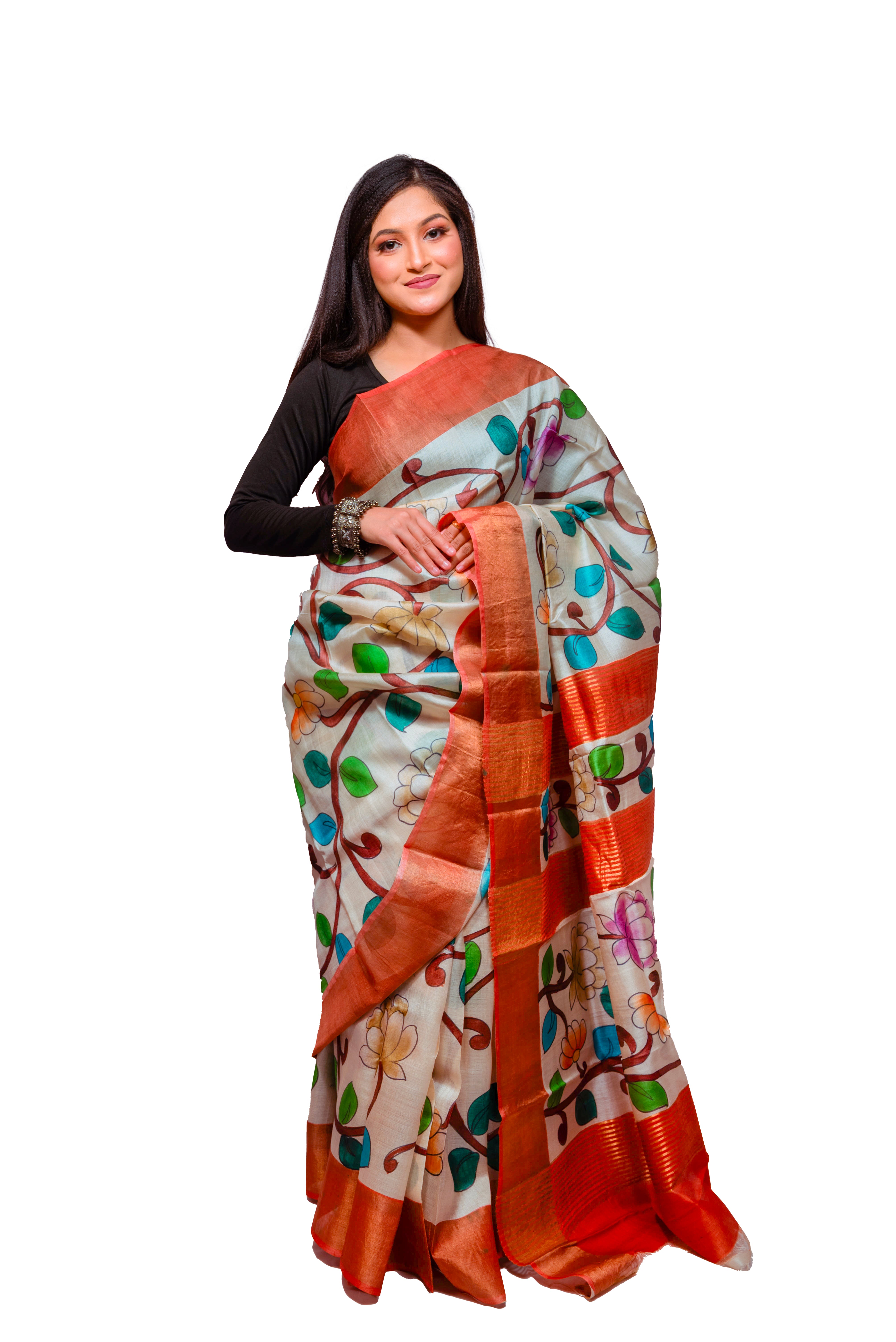 Cream & Multicolor Hand-Painted Tassar Silk Saree with Bold Floral Design (Copy)