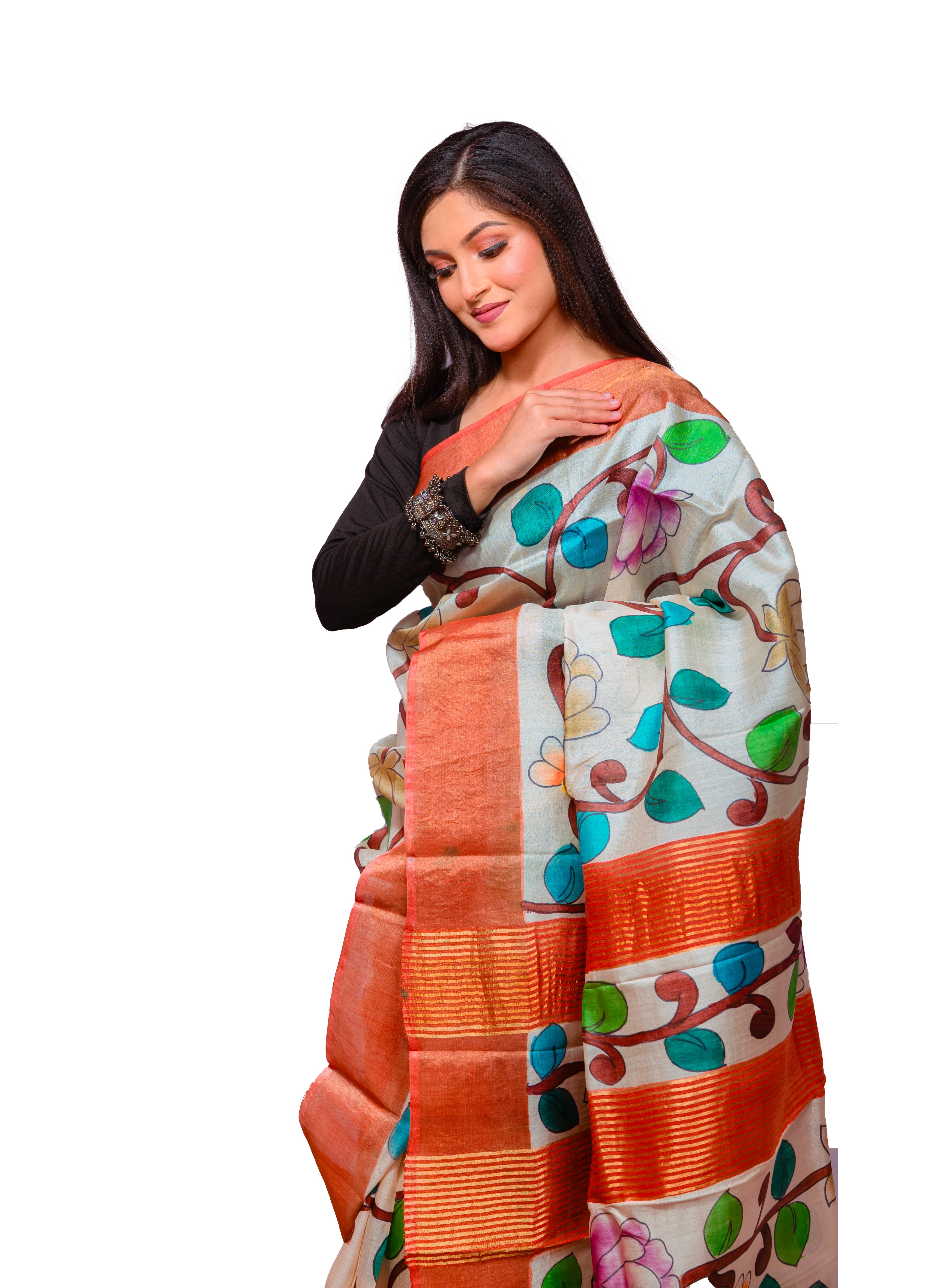 Cream & Multicolor Hand-Painted Tassar Silk Saree with Bold Floral Design (Copy)