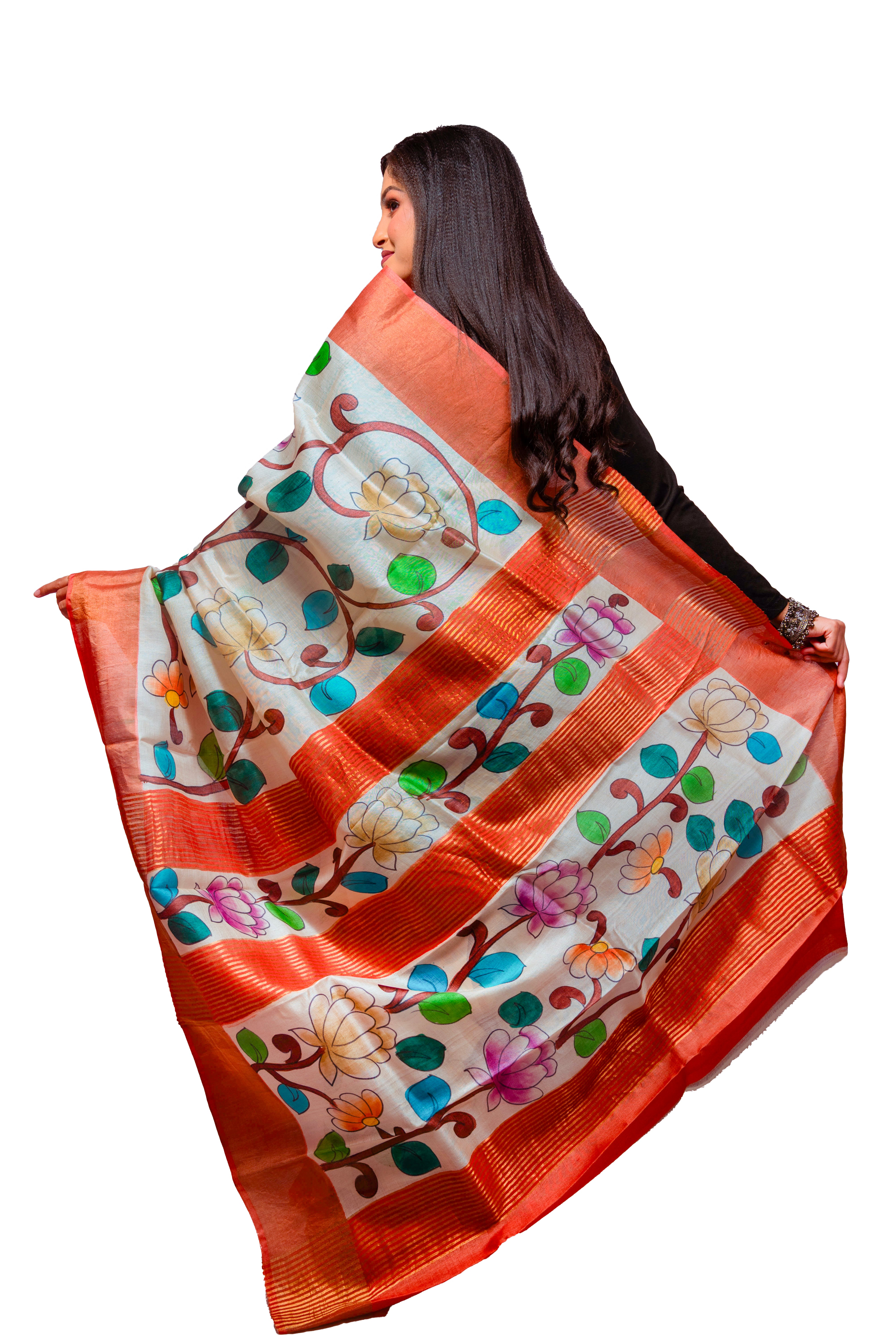 Cream & Multicolor Hand-Painted Tassar Silk Saree with Bold Floral Design (Copy)