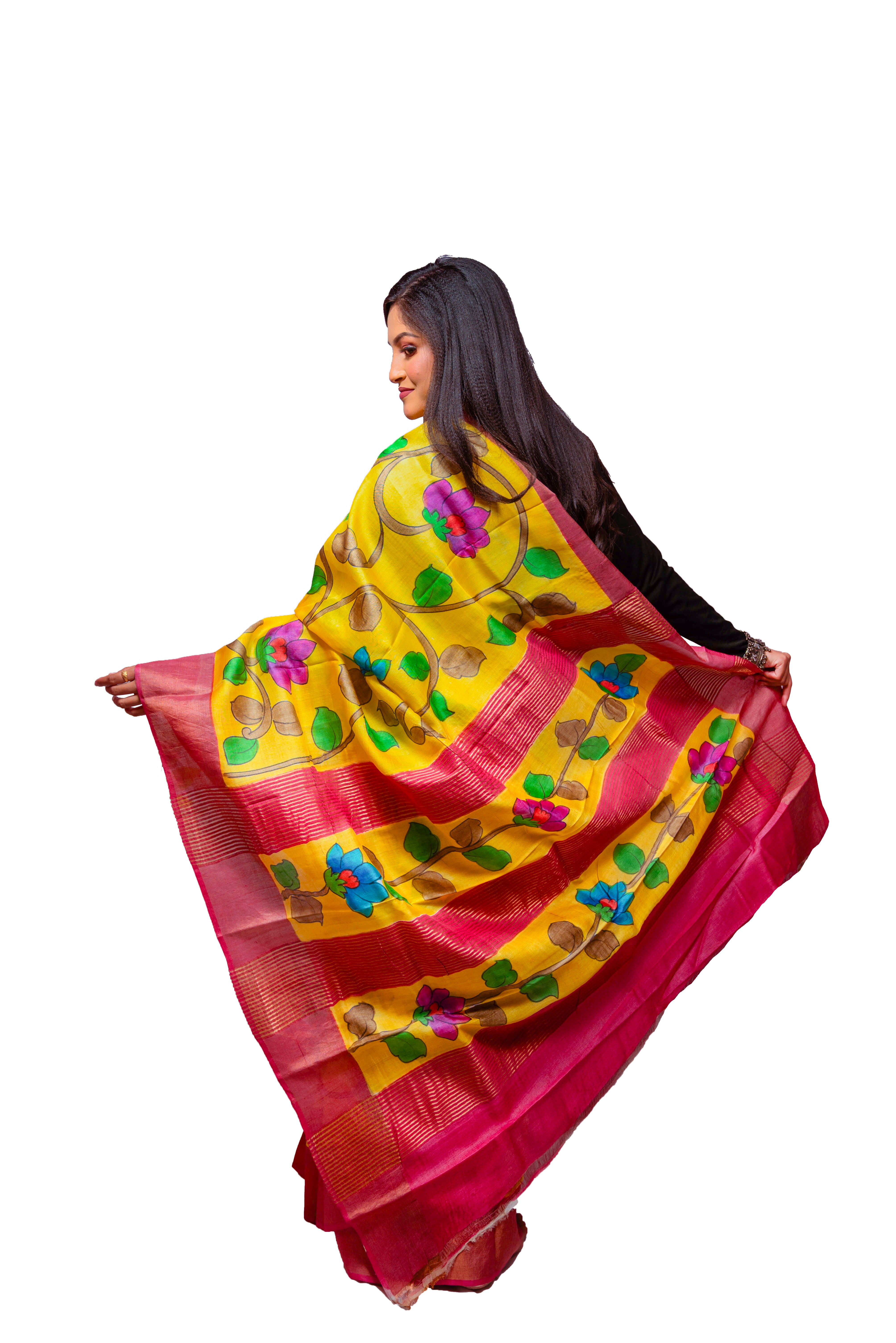 Vibrant Yellow Tassar Silk Saree with Red Border & Hand-Painted Floral Design