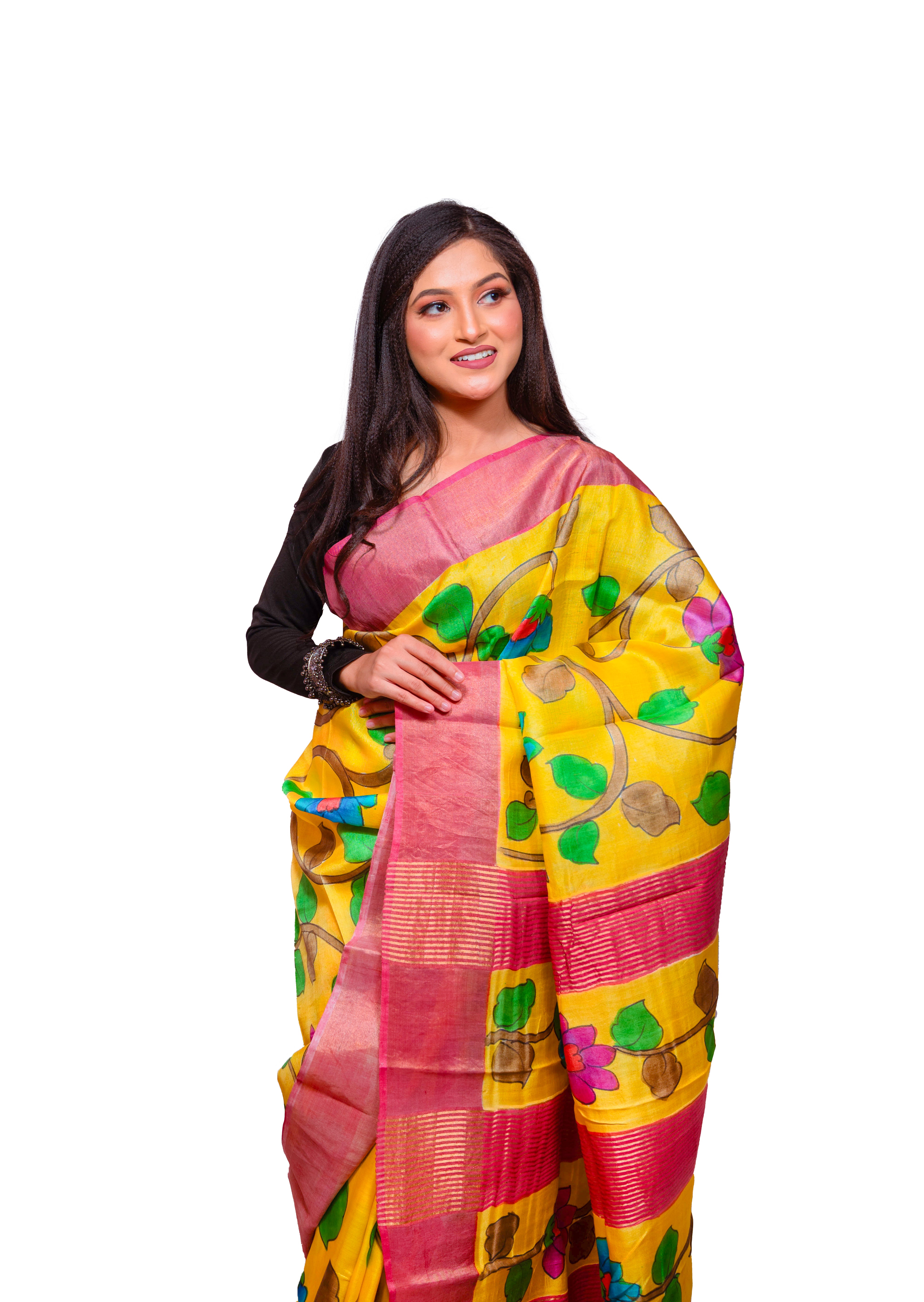 Vibrant Yellow Tassar Silk Saree with Red Border & Hand-Painted Floral Design