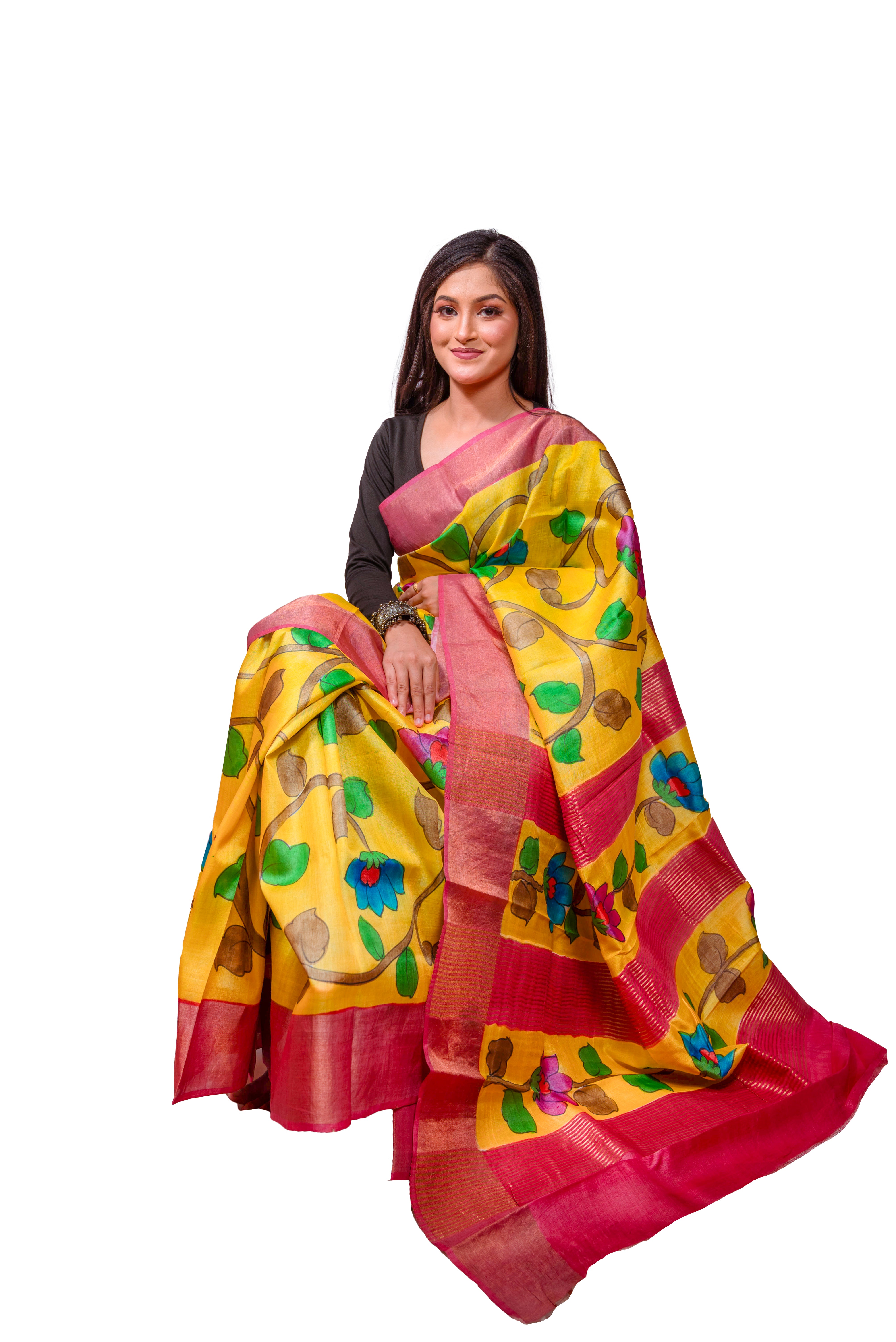 Vibrant Yellow Tassar Silk Saree with Red Border & Hand-Painted Floral Design