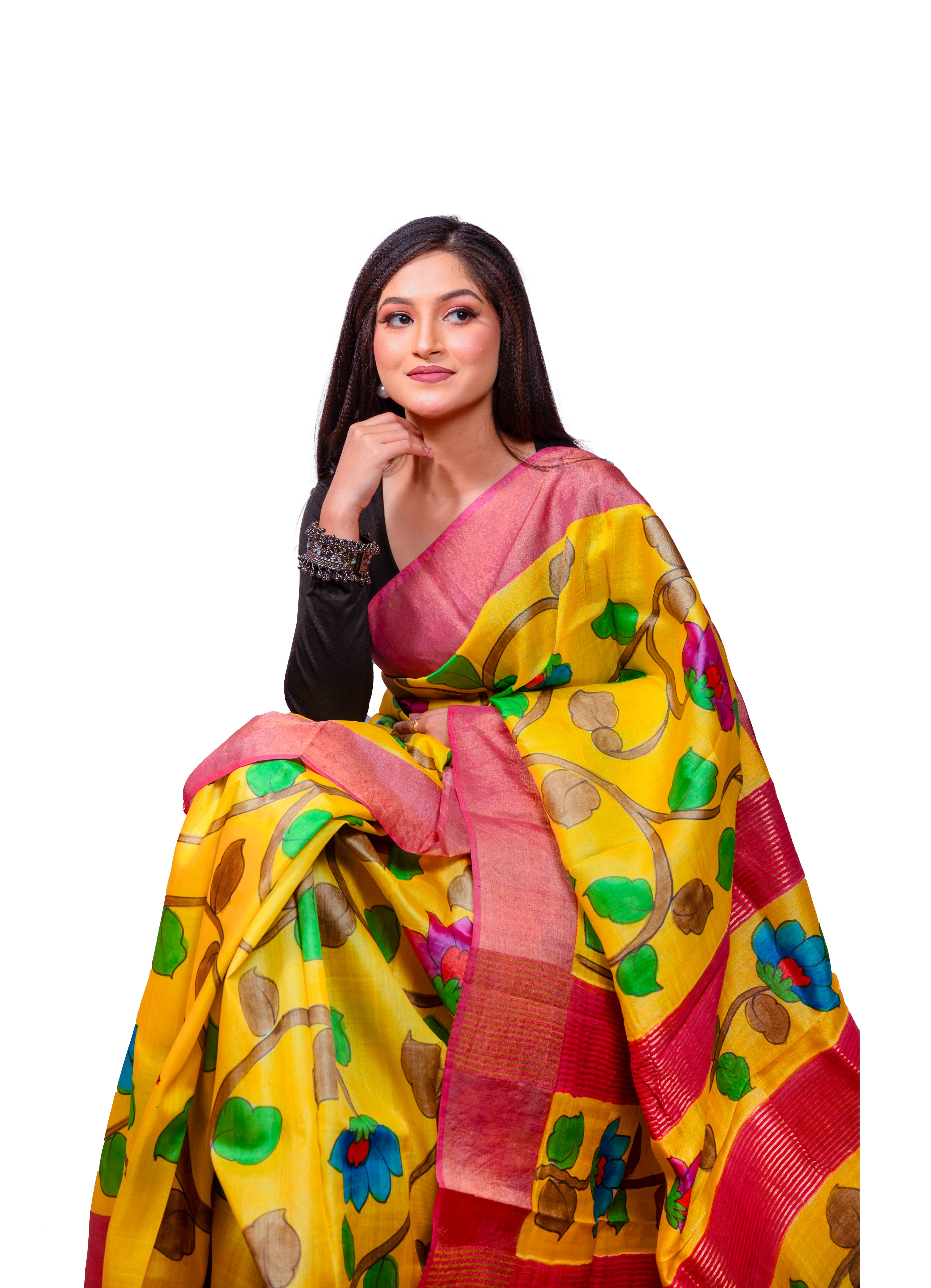 Vibrant Yellow Tassar Silk Saree with Red Border & Hand-Painted Floral Design