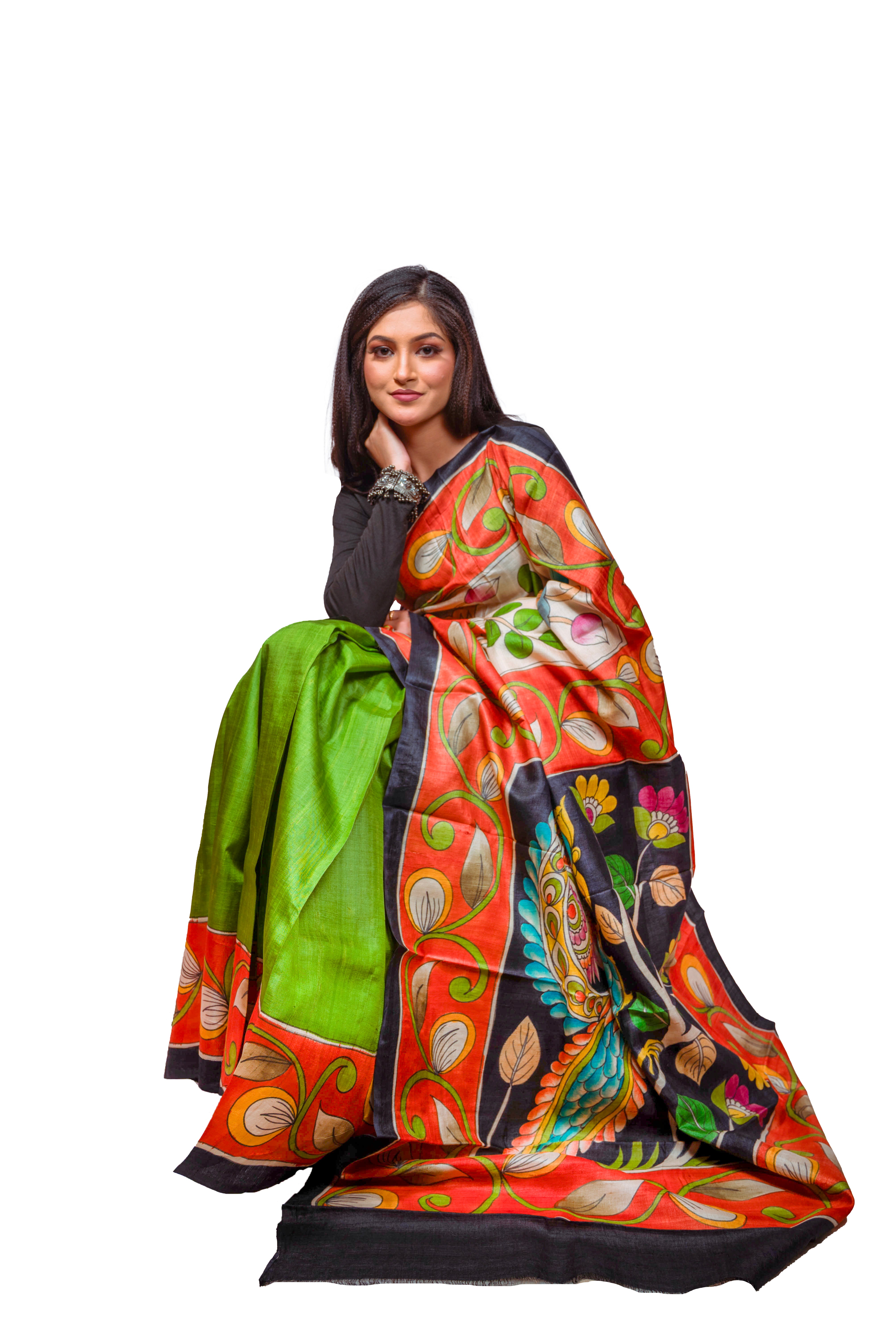 Multicolor Hand-Painted Tassar Silk Saree with Green & Black Contrast