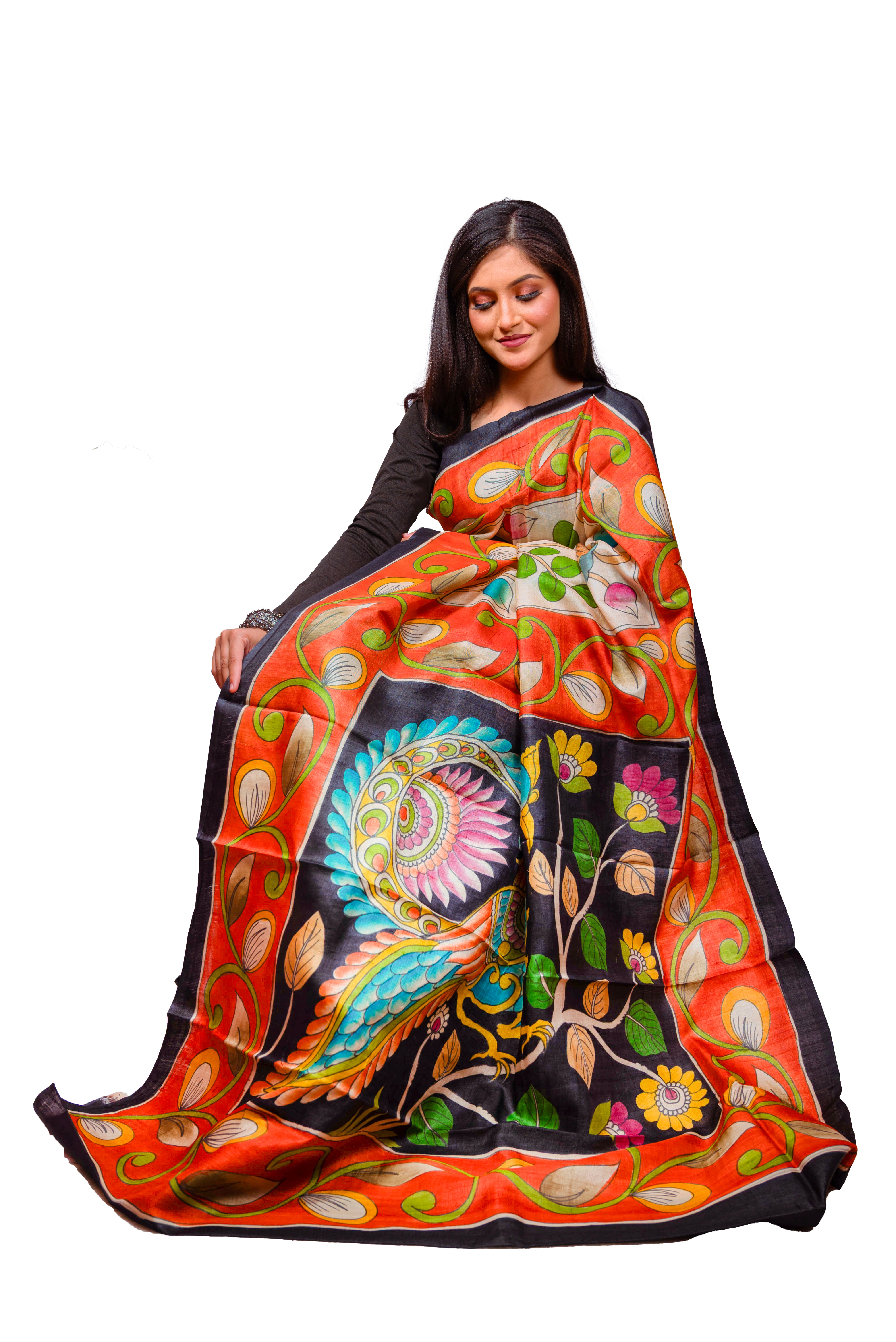 Multicolor Hand-Painted Tassar Silk Saree with Green & Black Contrast