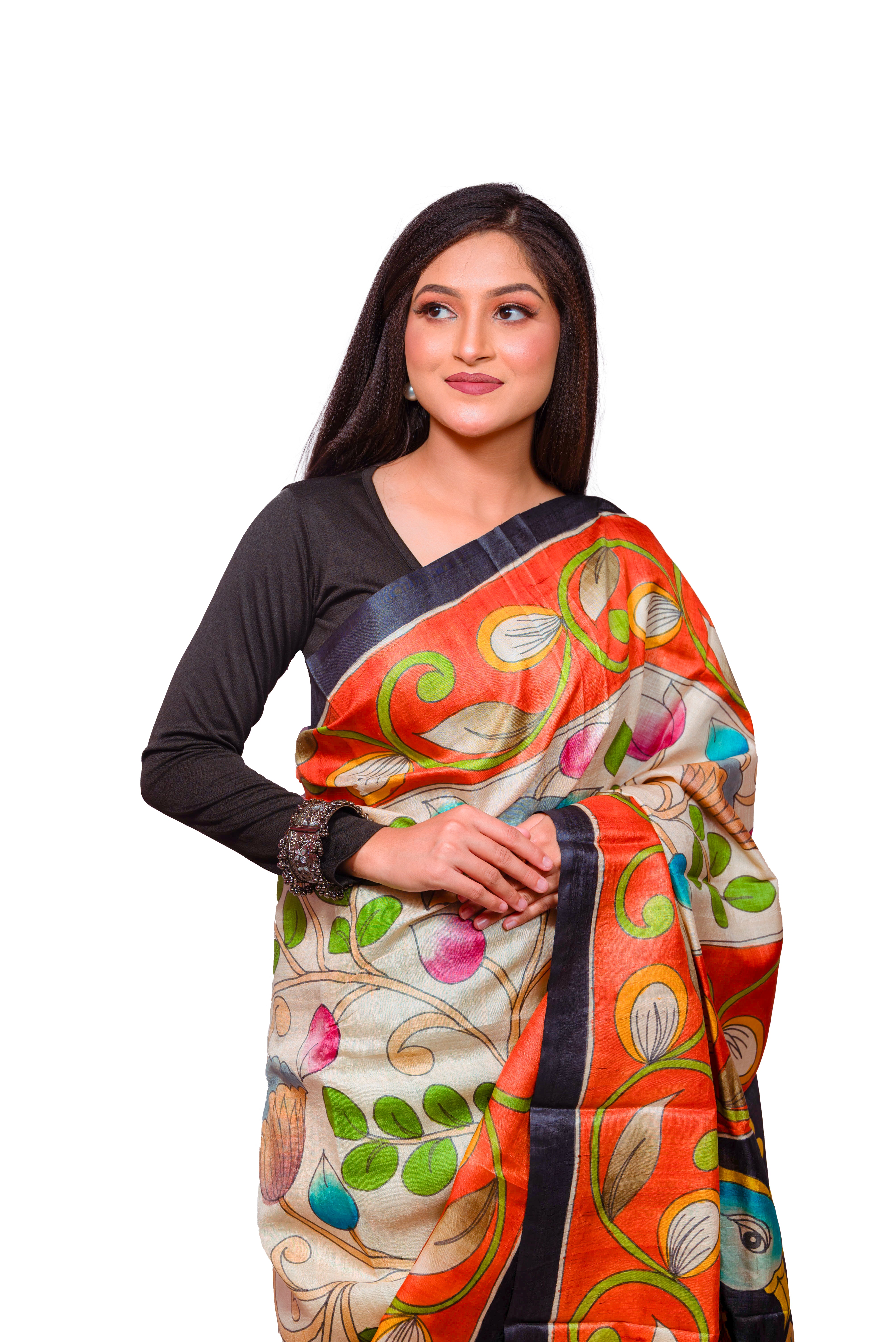 Multicolor Hand-Painted Tassar Silk Saree with Green & Black Contrast