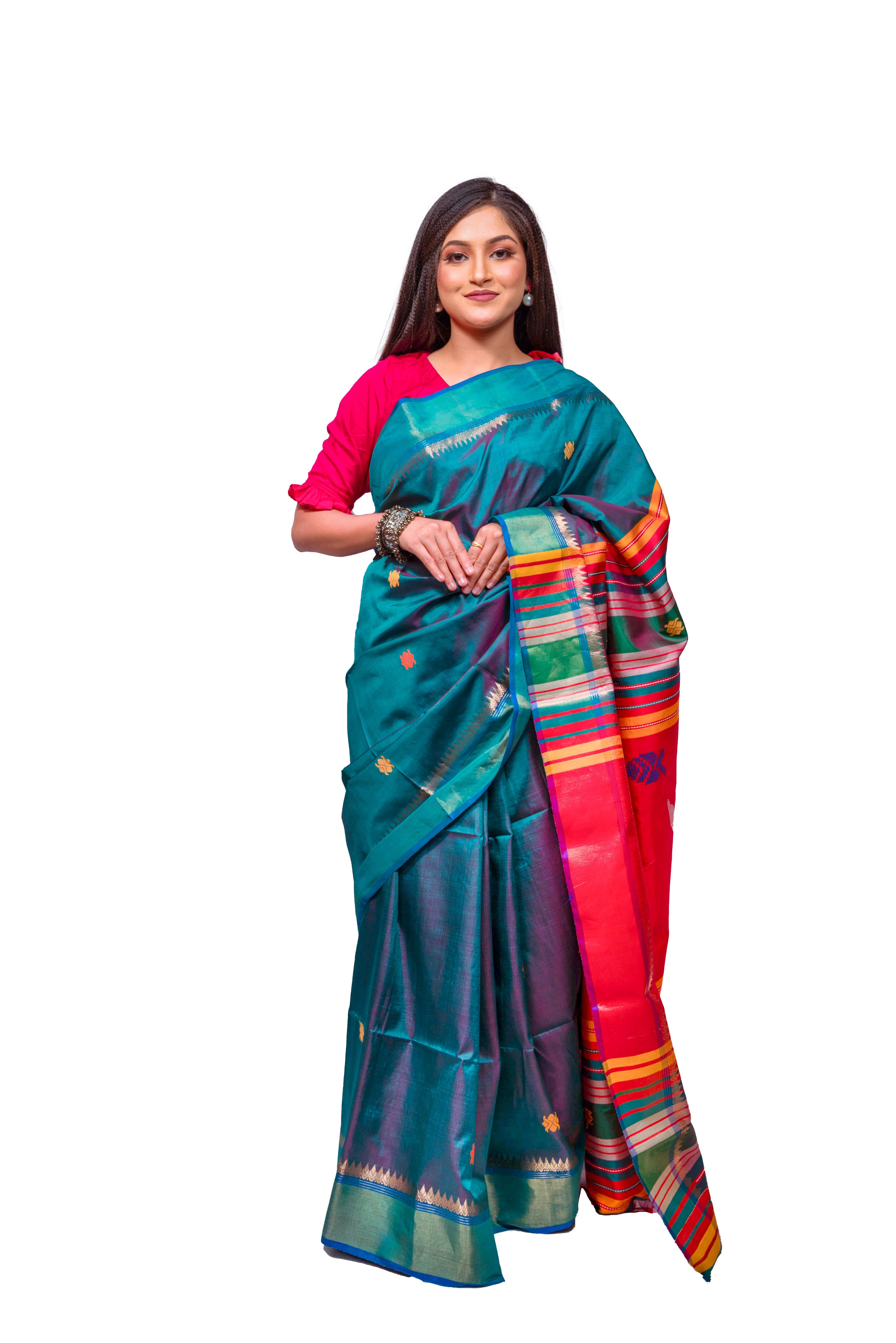 Teal Blue Silk Saree with Red & Multicolor Border