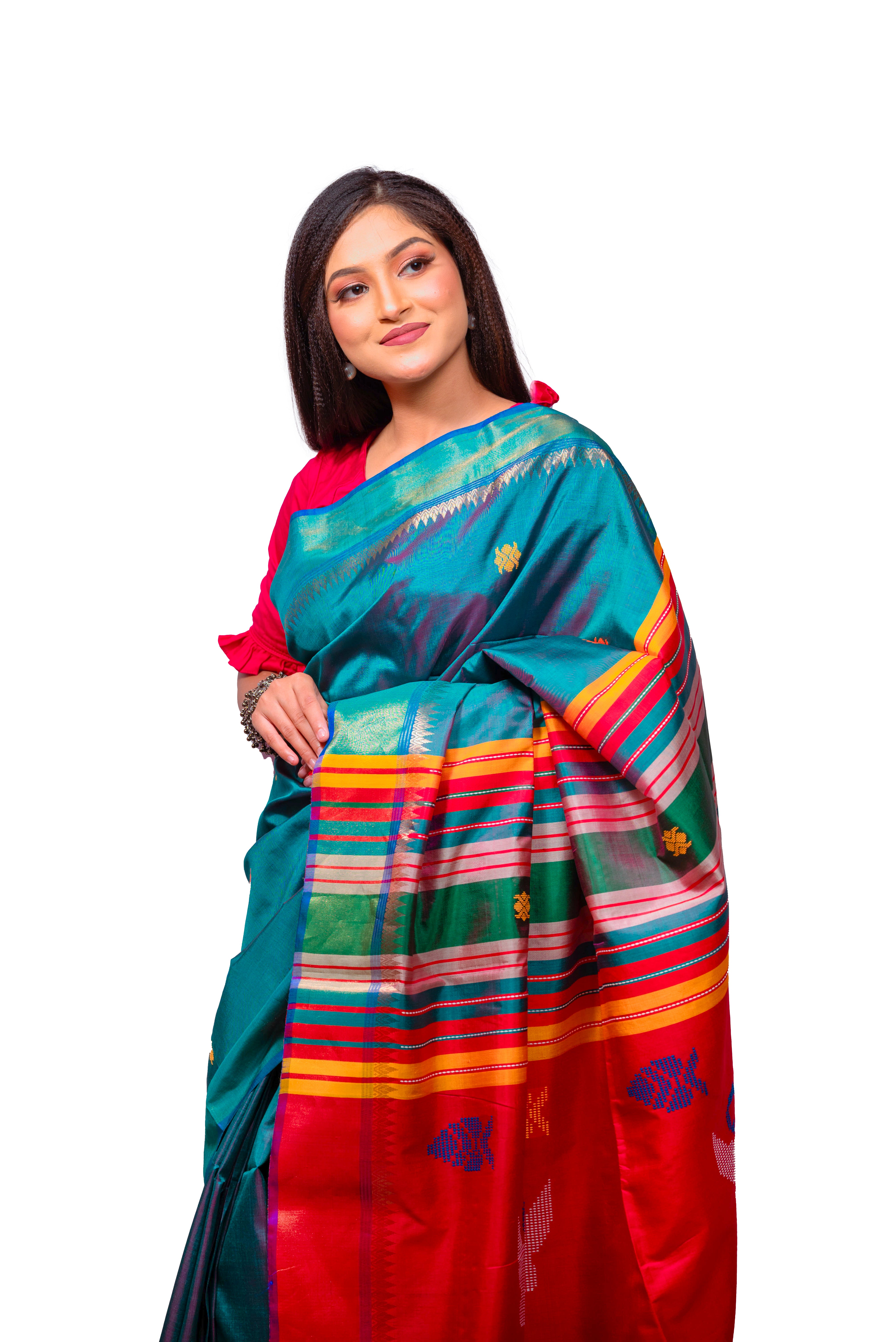 Teal Blue Silk Saree with Red & Multicolor Border